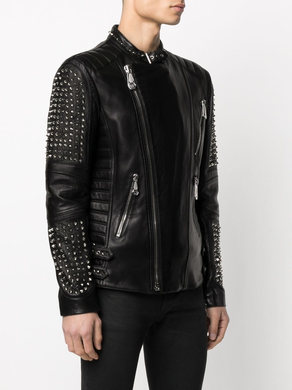 zipped studded biker jacket - 3