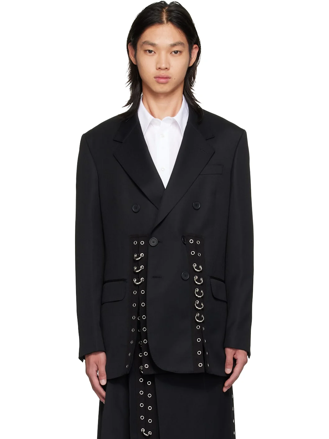 Black Double Breasted Grommet Ring Hem Slice Blazer - 1
