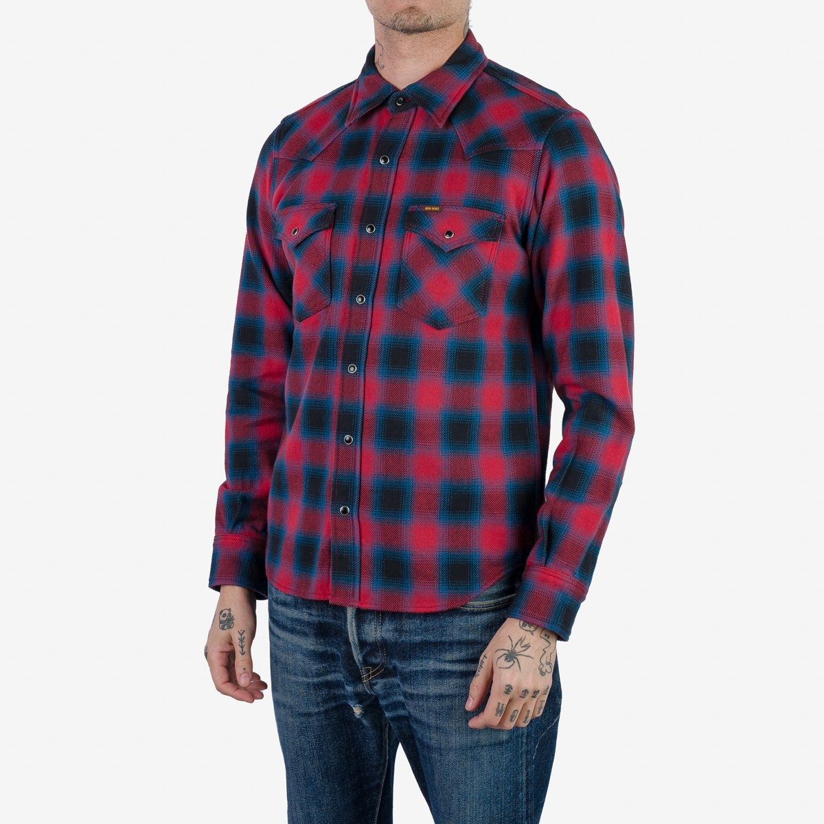 IHSH-373-RED Ultra Heavy Flannel Ombré Check Western Shirt - Red - 2