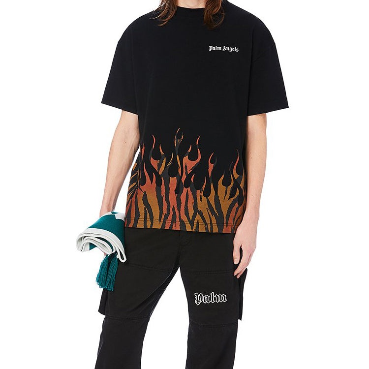 Men's PALM ANGELS Flame Alphabet Logo Printing Short Sleeve Black PMAA001E20JER0011020 - 6