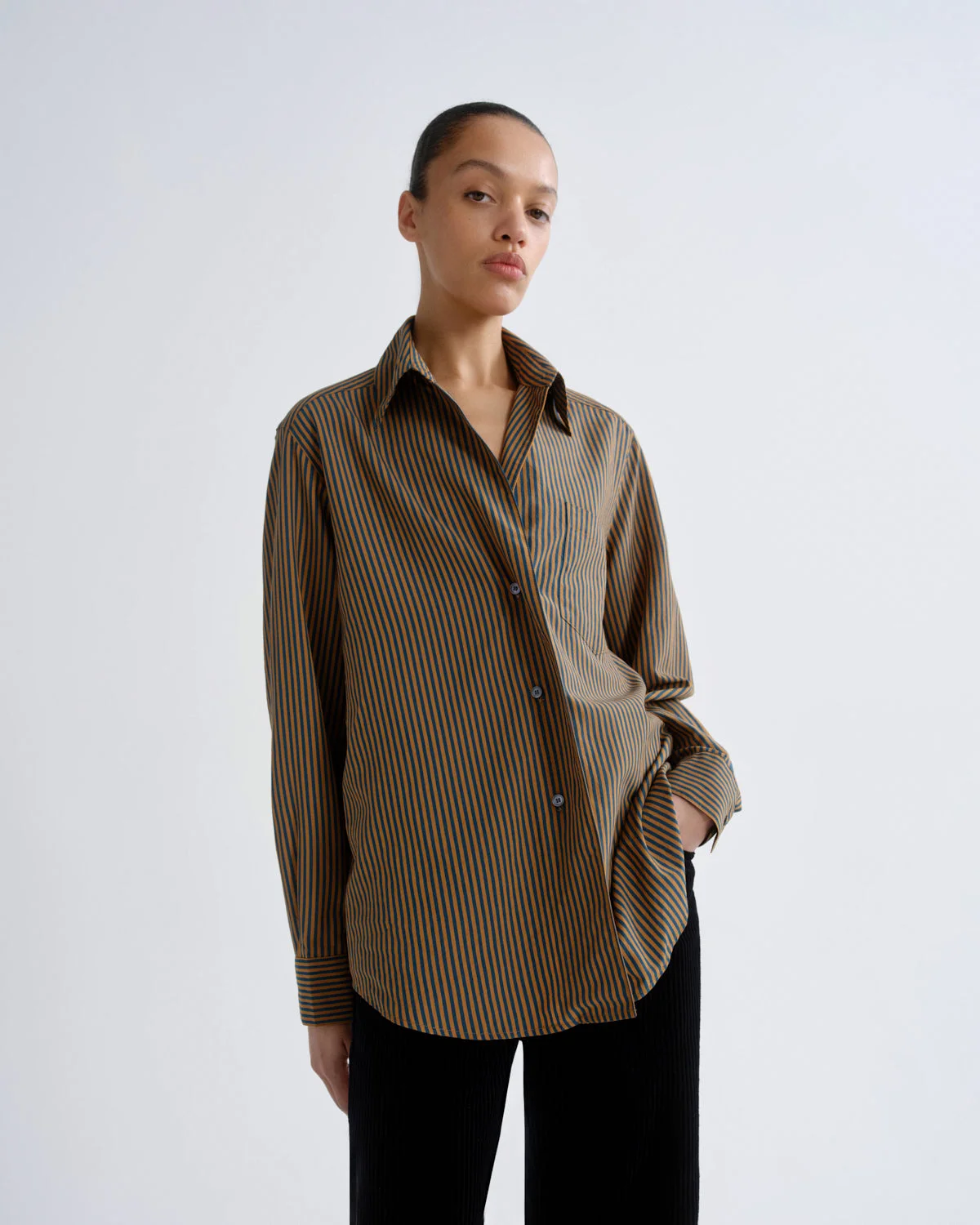 ARIS SHIRT IN TRACE STRIPE TEAL/MUSTARD - 1