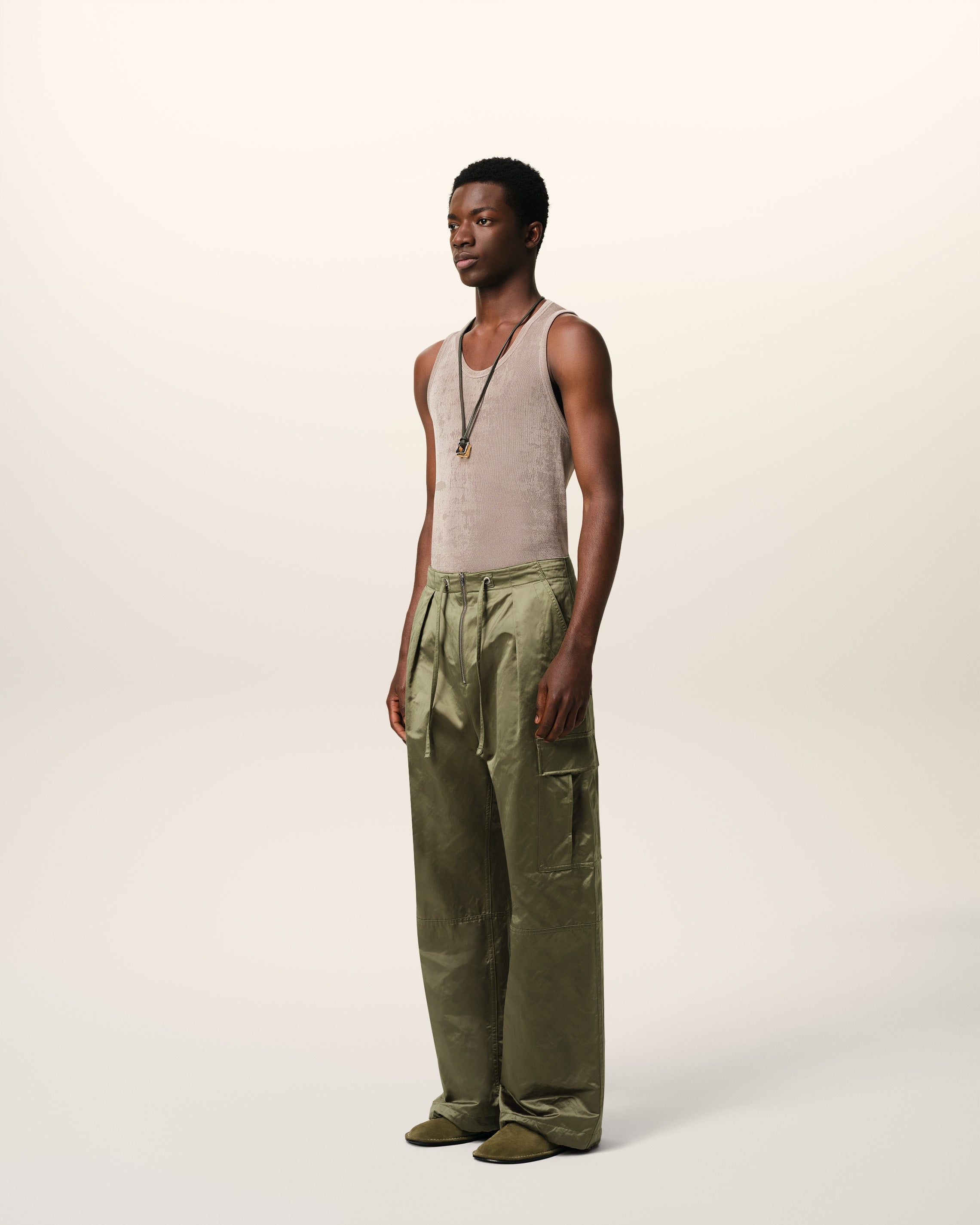 GREEN COTTON SATIN ZIPPED CARGO TROUSERS - 6