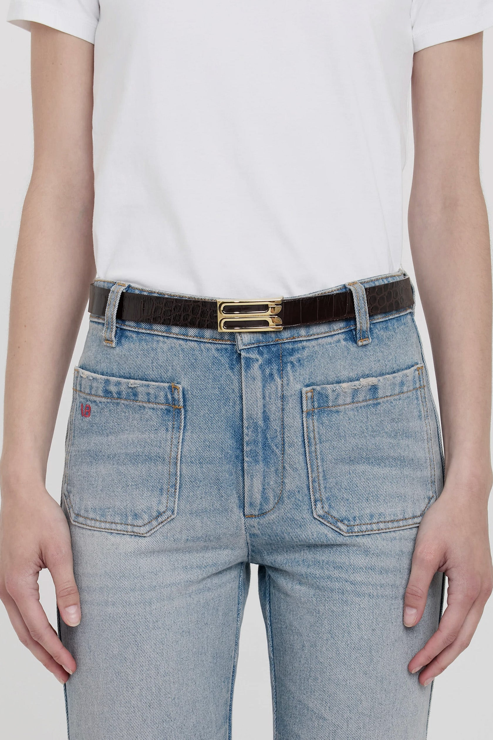 Frame Belt In Espresso Croc Embossed Calf Leather - 2