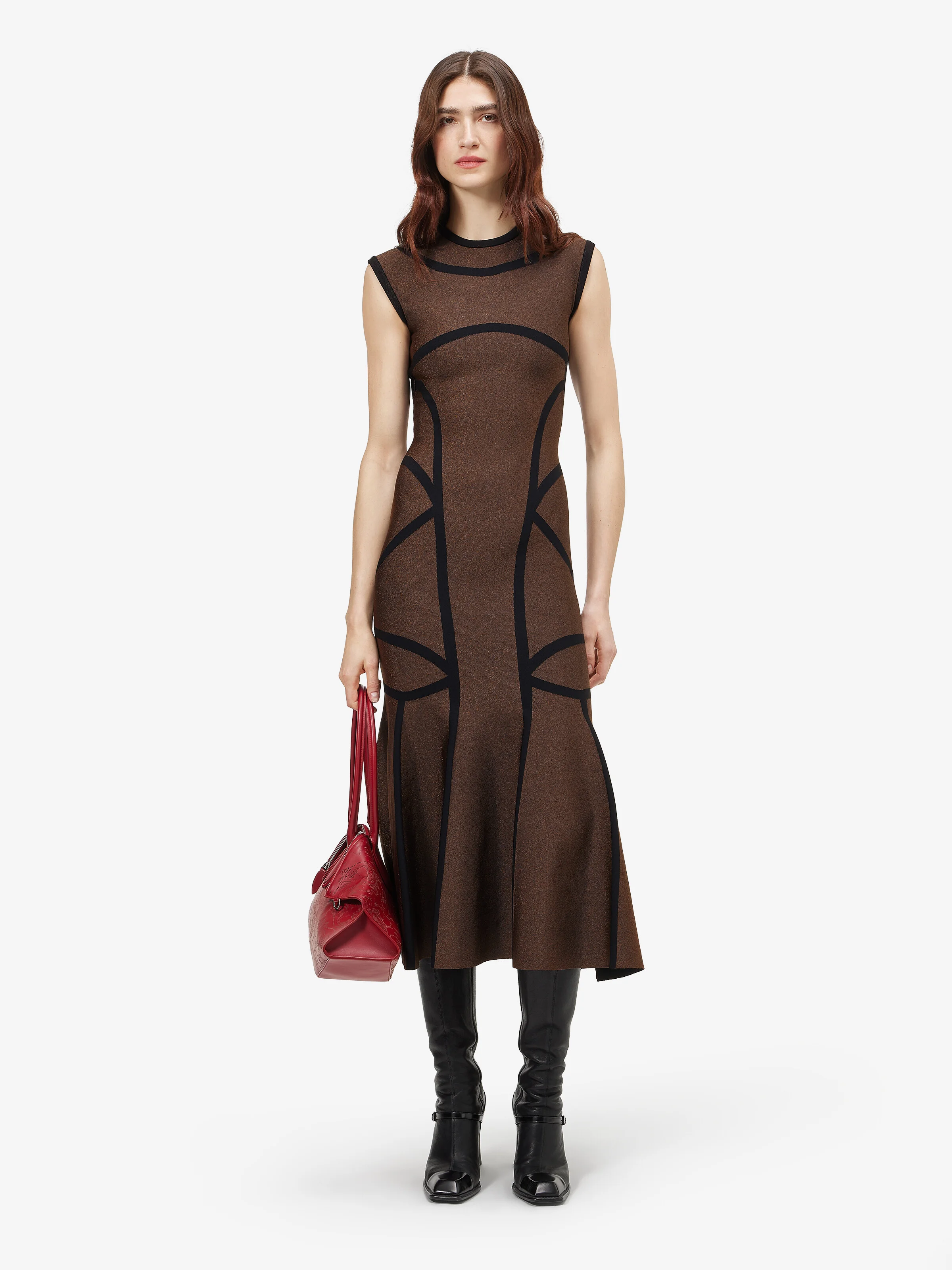 Women's Anatomical Lines Knit Midi Dress in Dark Brown - 1