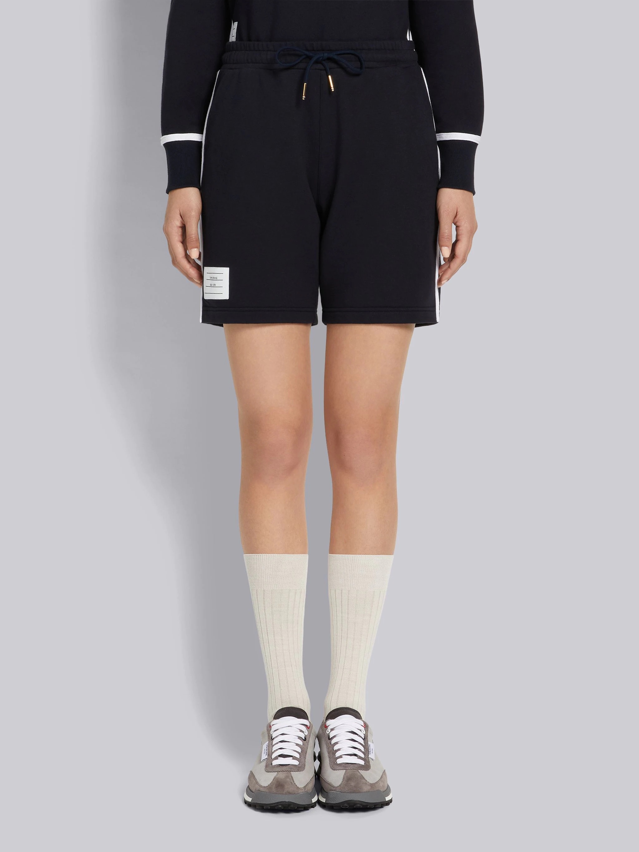 Navy Cotton Loopback Contrast Stripe Framing Mid-thigh Shorts - 1