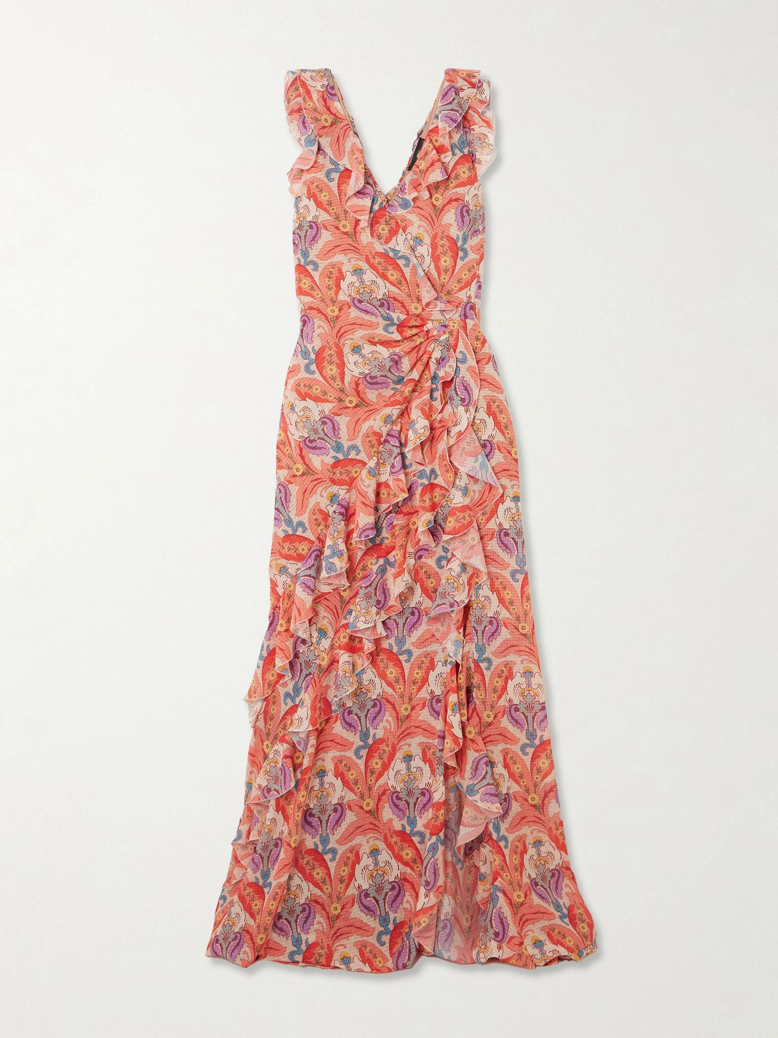 Open-back ruffled printed crepe de chine maxi dress Red - 1