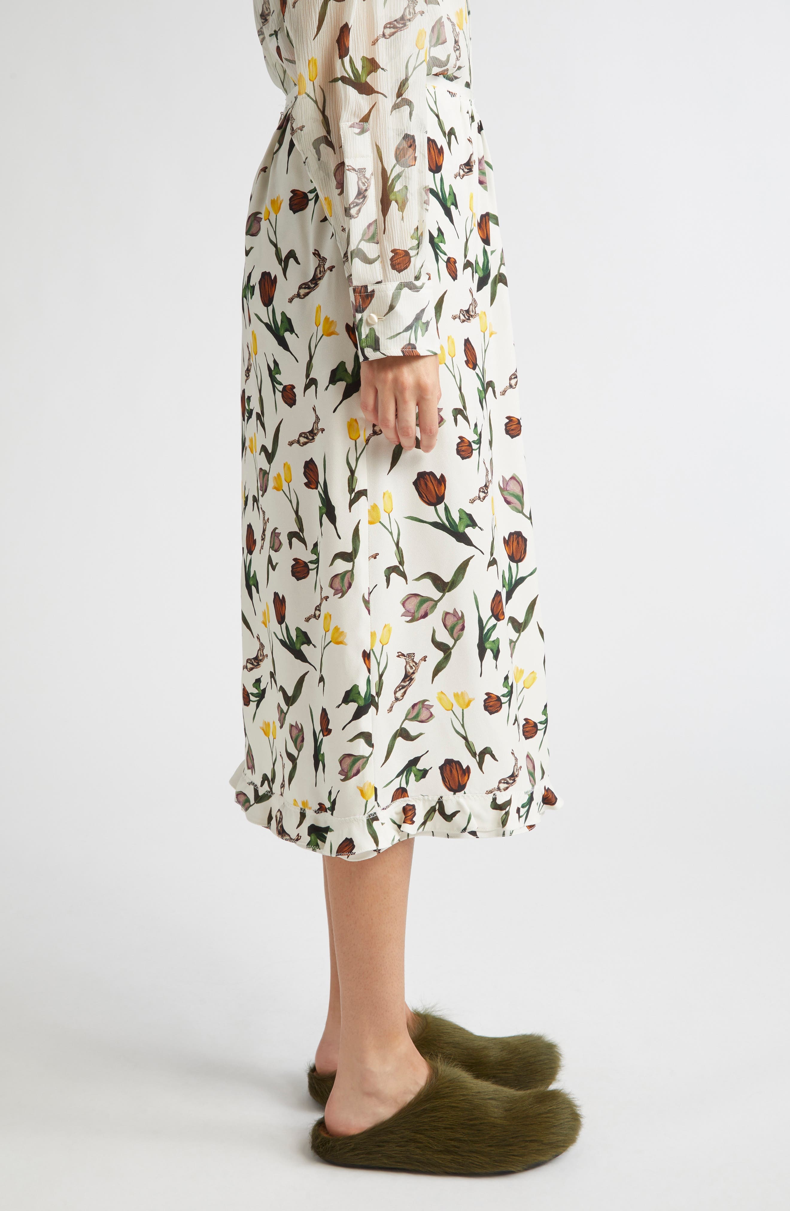 Marni Tulips & Hares Ruffle Hem Crepe Back Satin Midi Skirt in Limestone at Nordstrom - 4