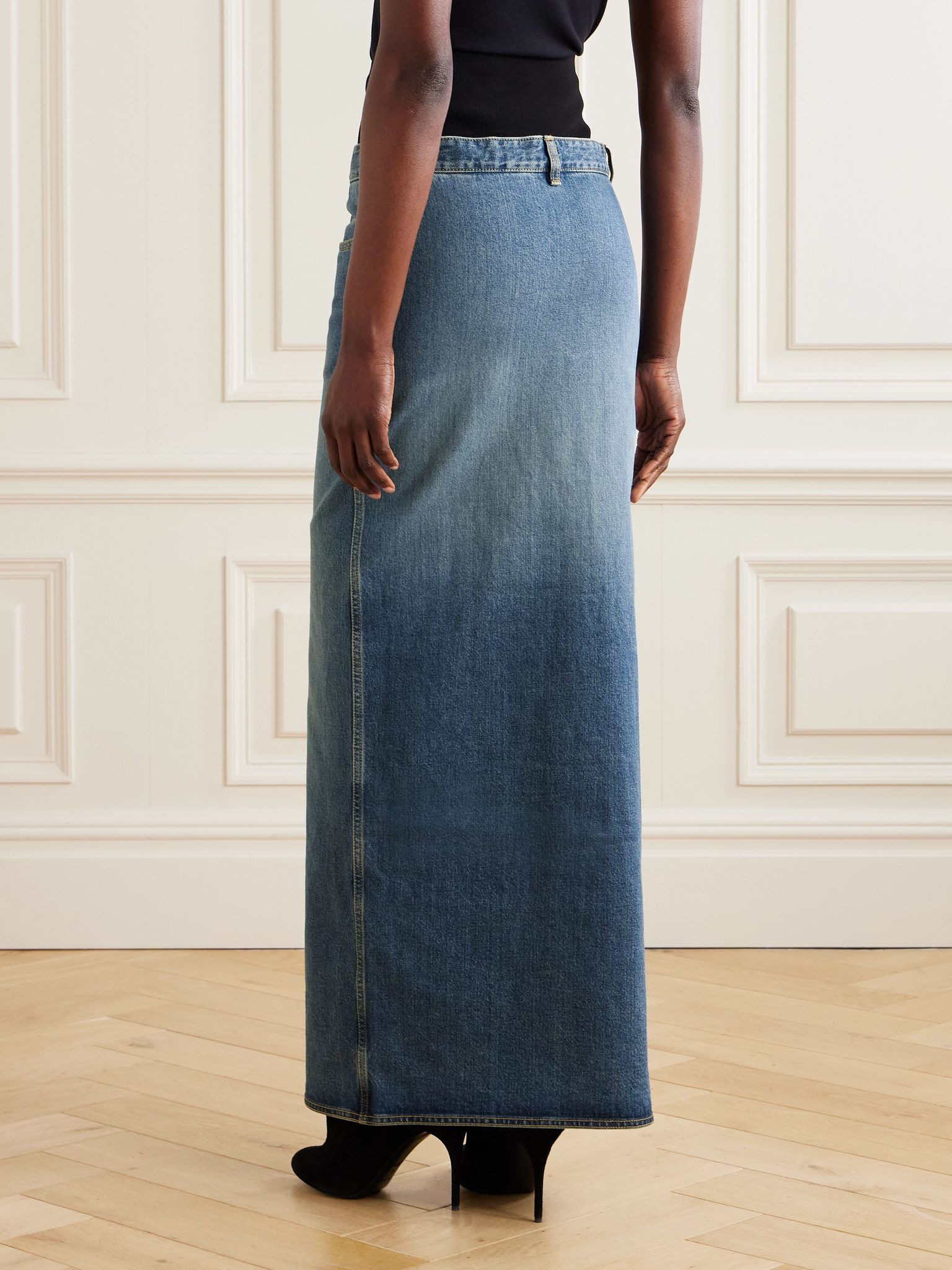 Layered jersey-trimmed denim maxi skirt Blue - 4