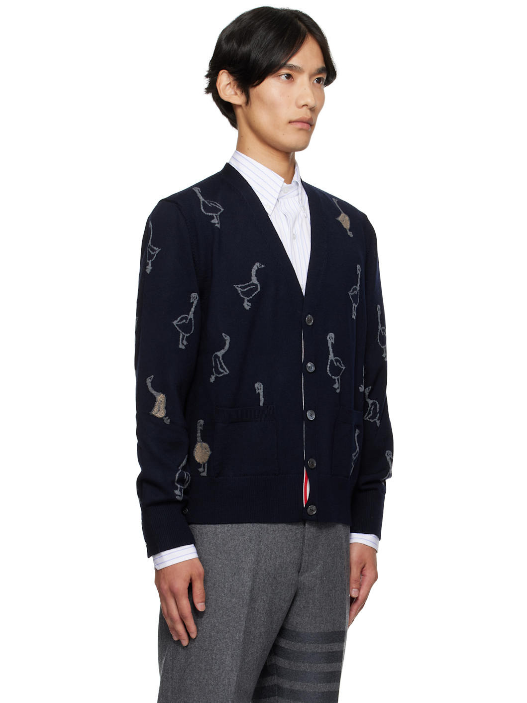 Navy Geese Intarsia Merino Relaxed Fit Cardigan - 2