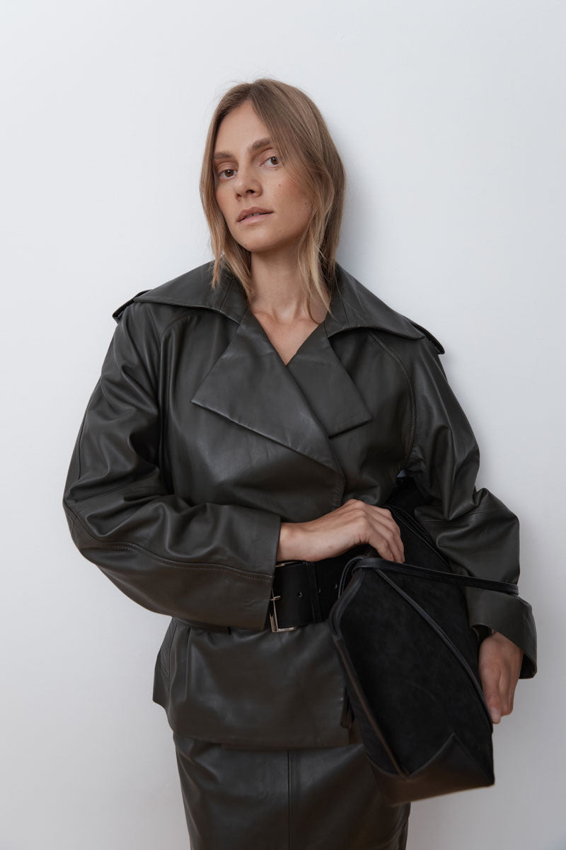 Cropped Leather Trench - Khaki - 12