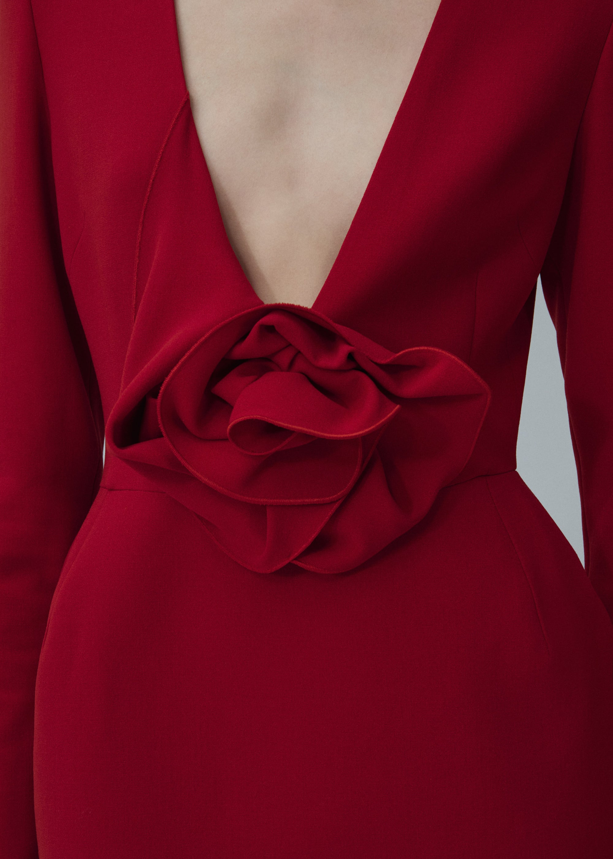Long sleeve floral applique wool mini dress in red - 4