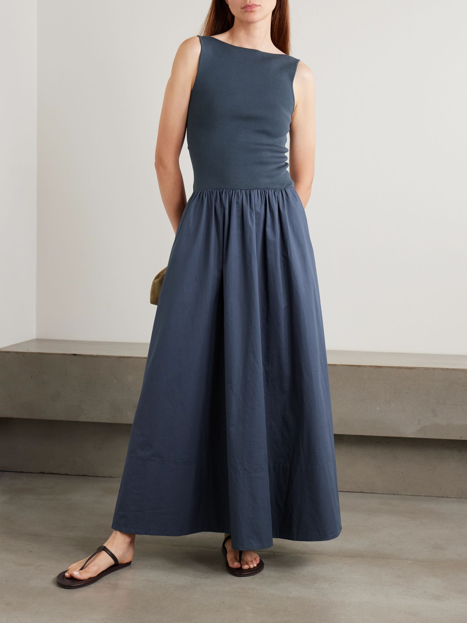 Open-back jersey and cotton-poplin maxi dress Blue - 2
