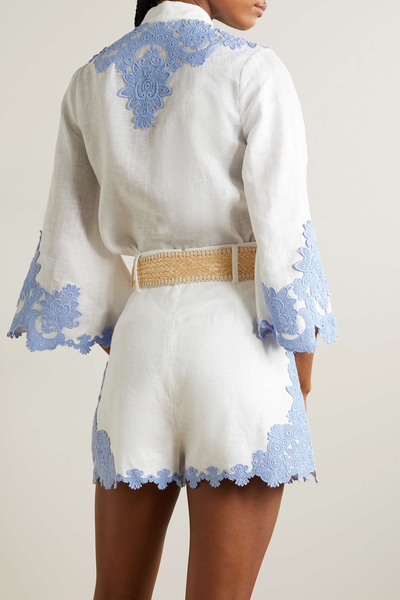 Raie belted appliquéd lace-trimmed linen shorts - 3