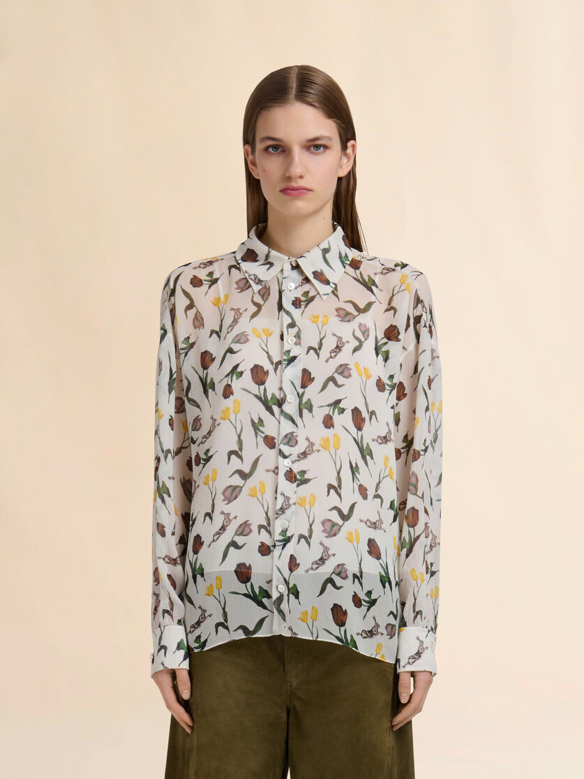 CREAM CHIFFON SHIRT WITH TULIPS AND HARES PRINT - 2