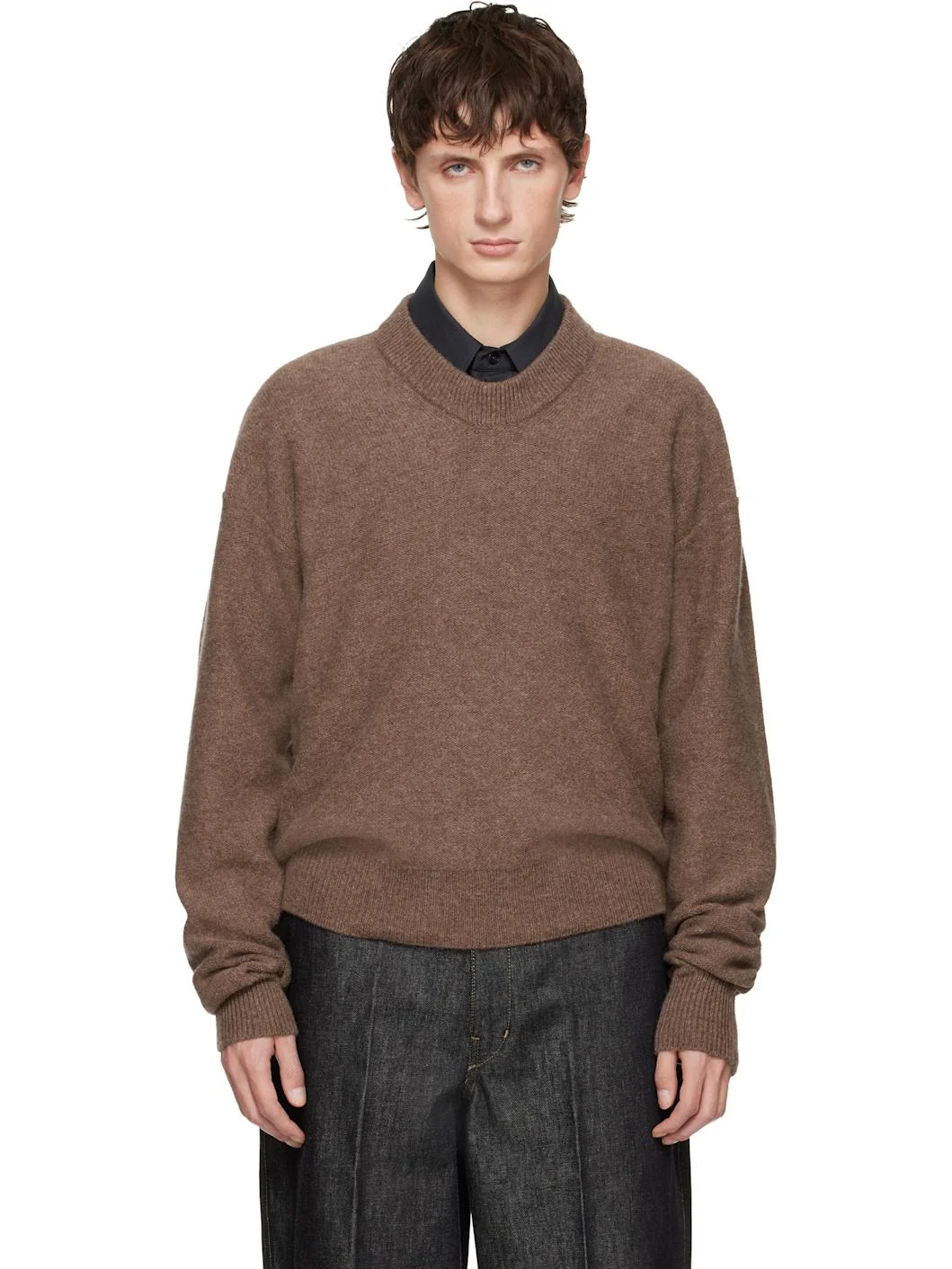 Brown Boxy V Neck Sweater - 1