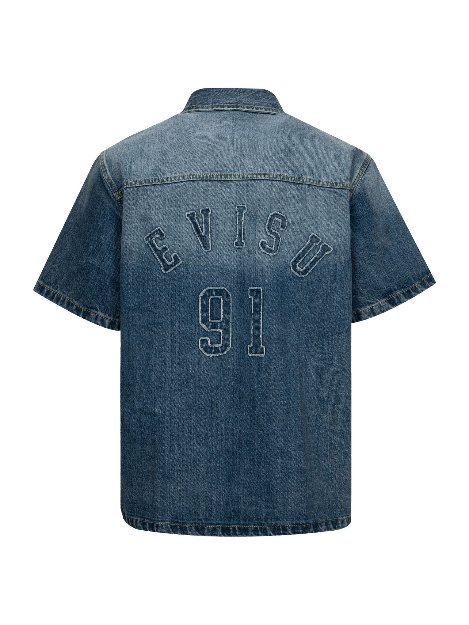SEAGULL AND LOGO APPLIQUÉ EMBROIDERY BOXY DENIM SHORT-SLEEVES SHIRT - 14