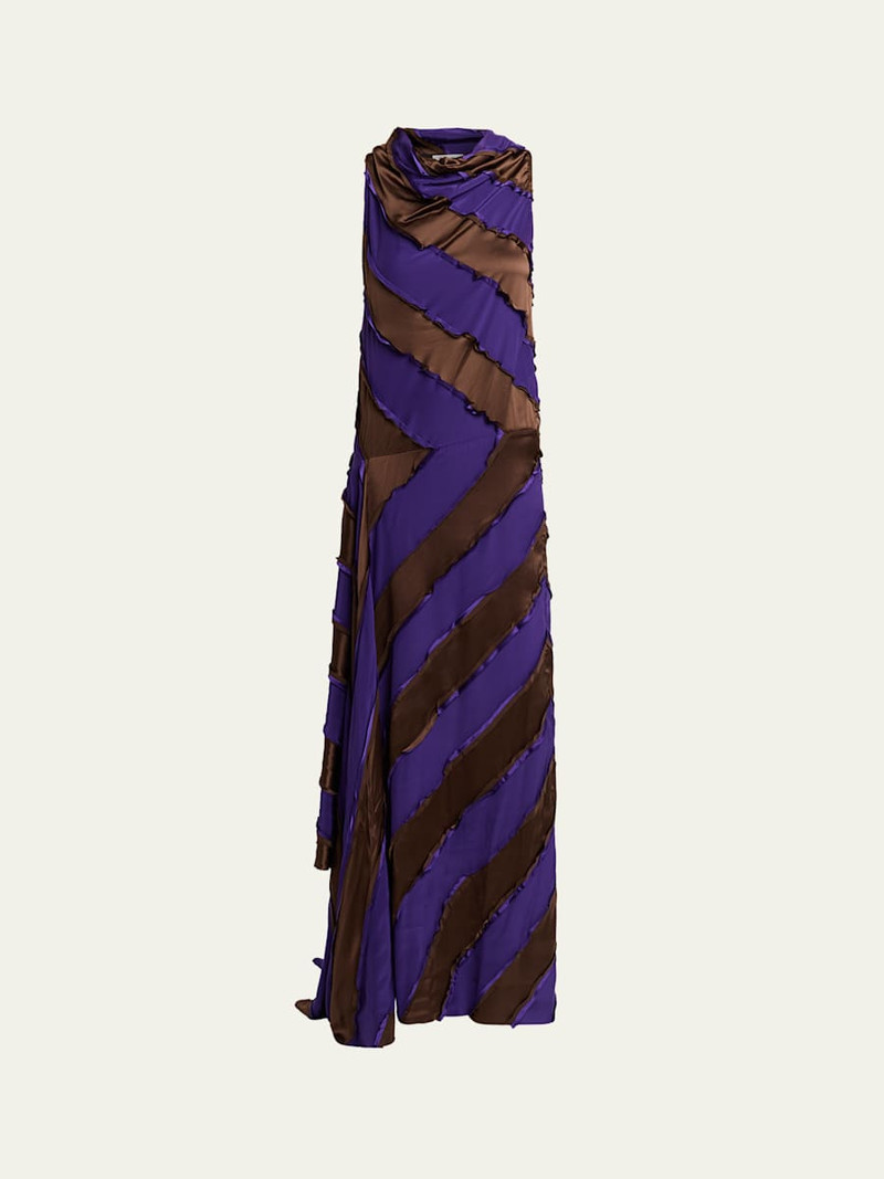 Cowl-Neck Striped Silk Asymmetric Maxi Dress 1