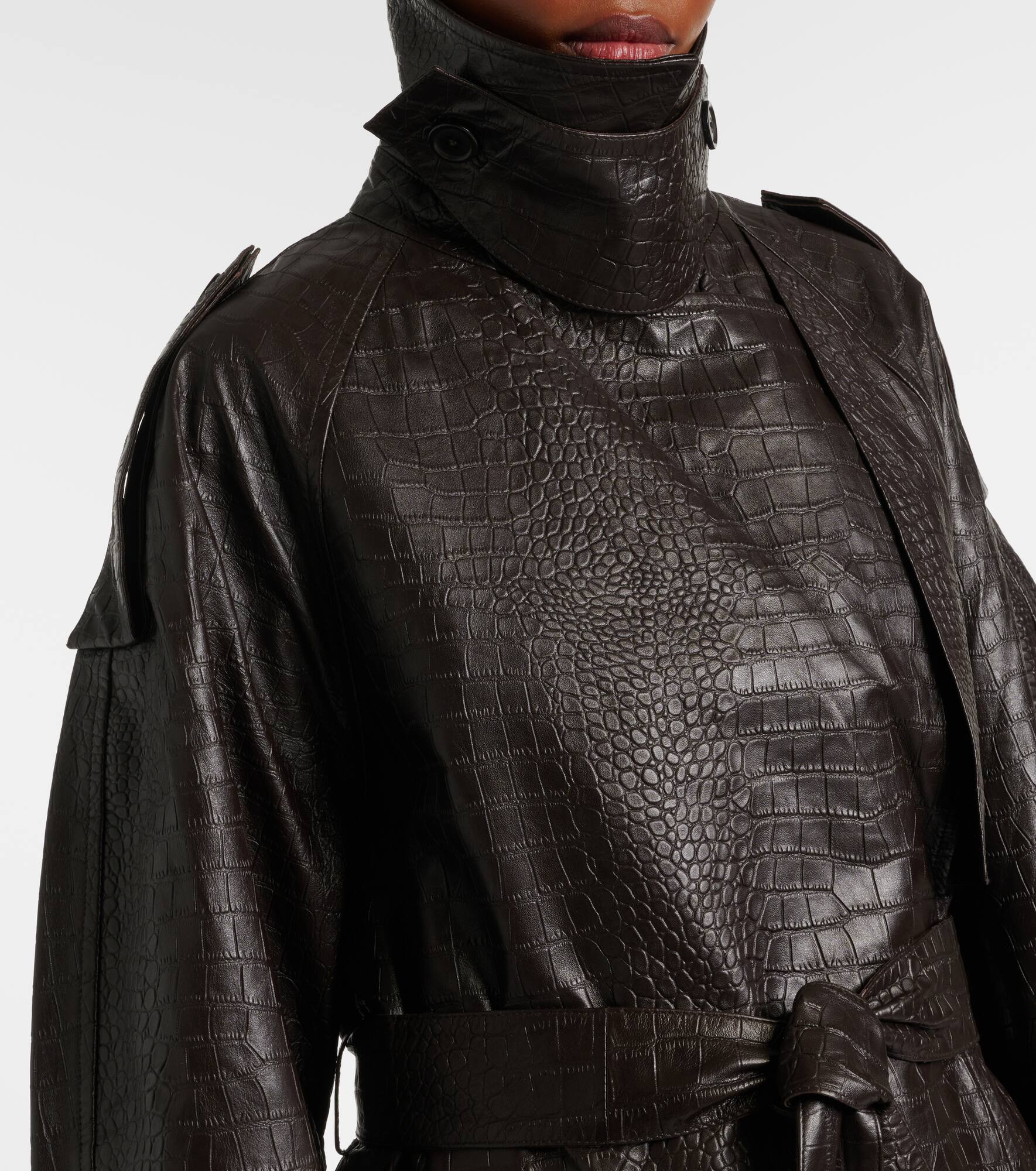 Crocodile-effect leather trench coat - 4
