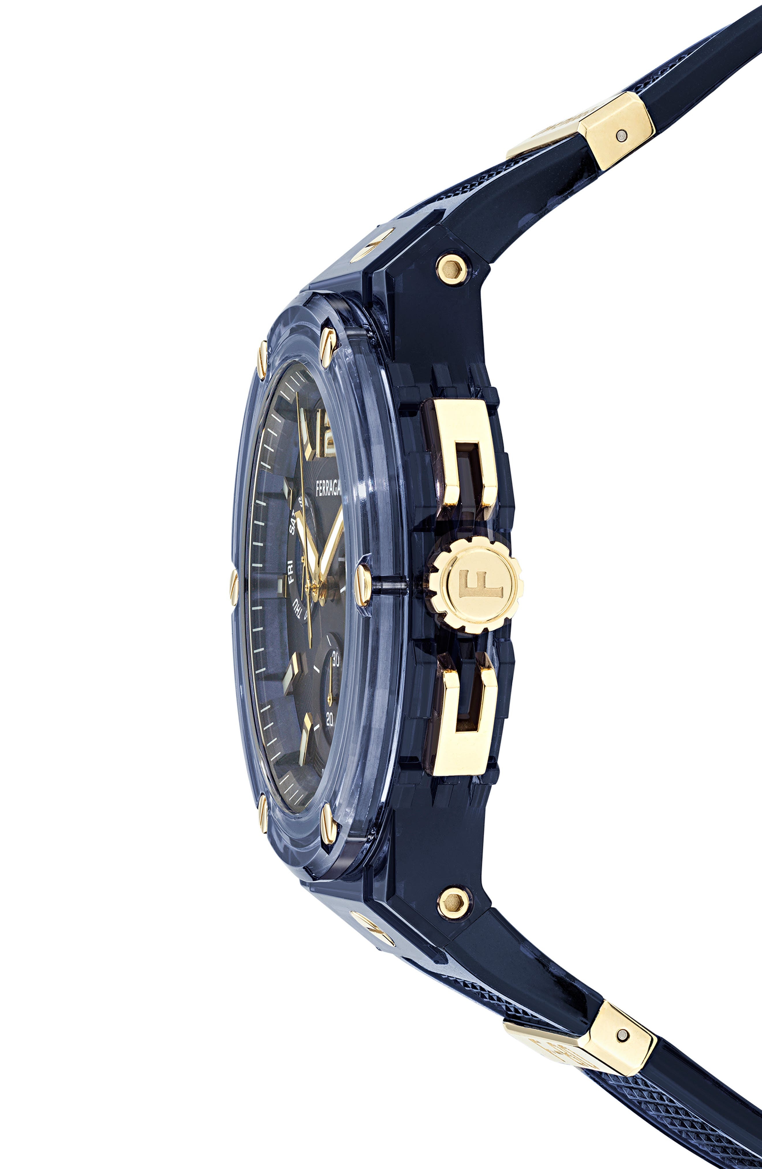 FERRAGAMO F-80 Translucent Chronograph Recycled Polyurthane Strap Watch, 44mm in Blue at Nordstrom - 4