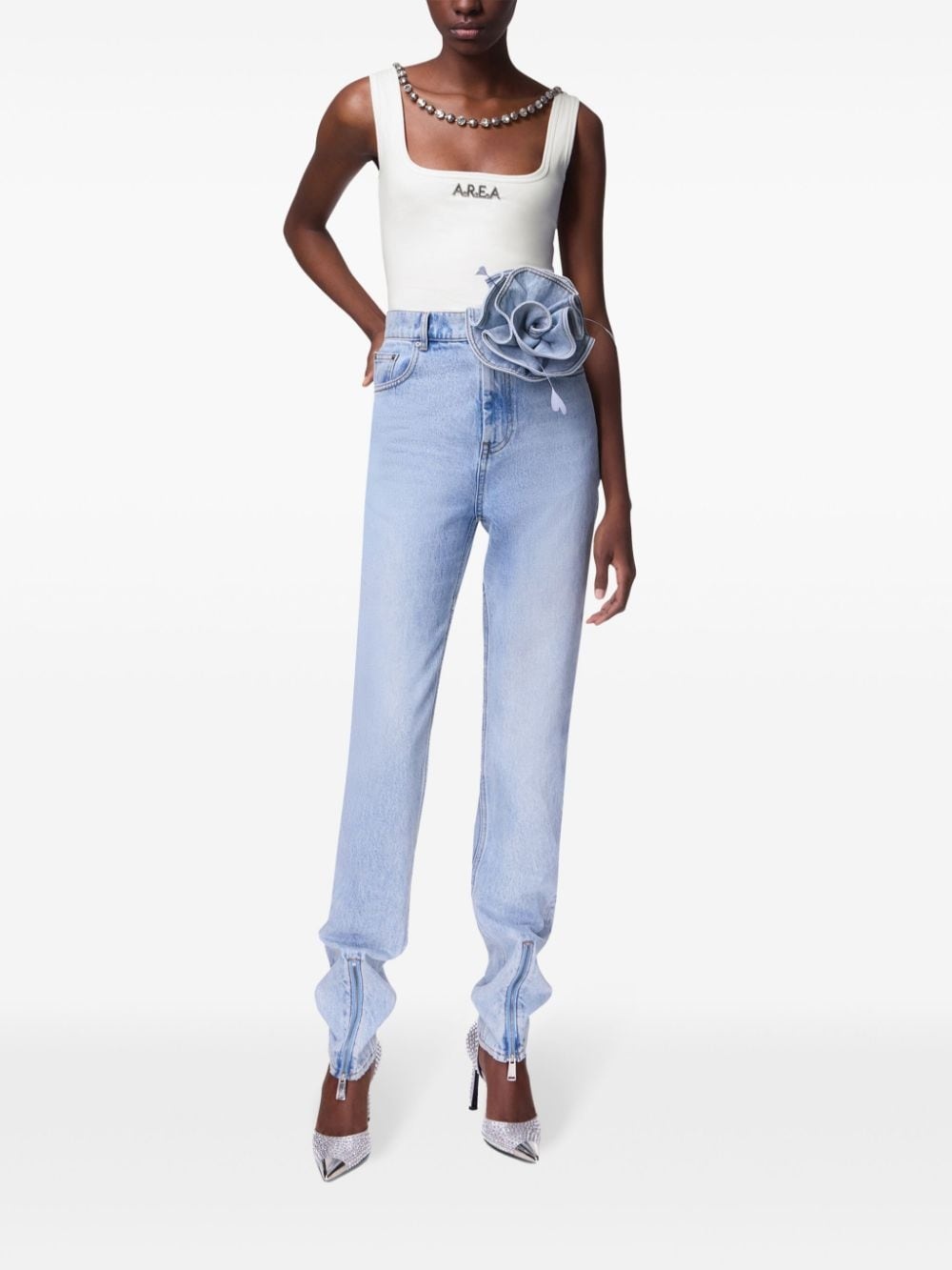Flower Corsage ankle-zip jeans - 4