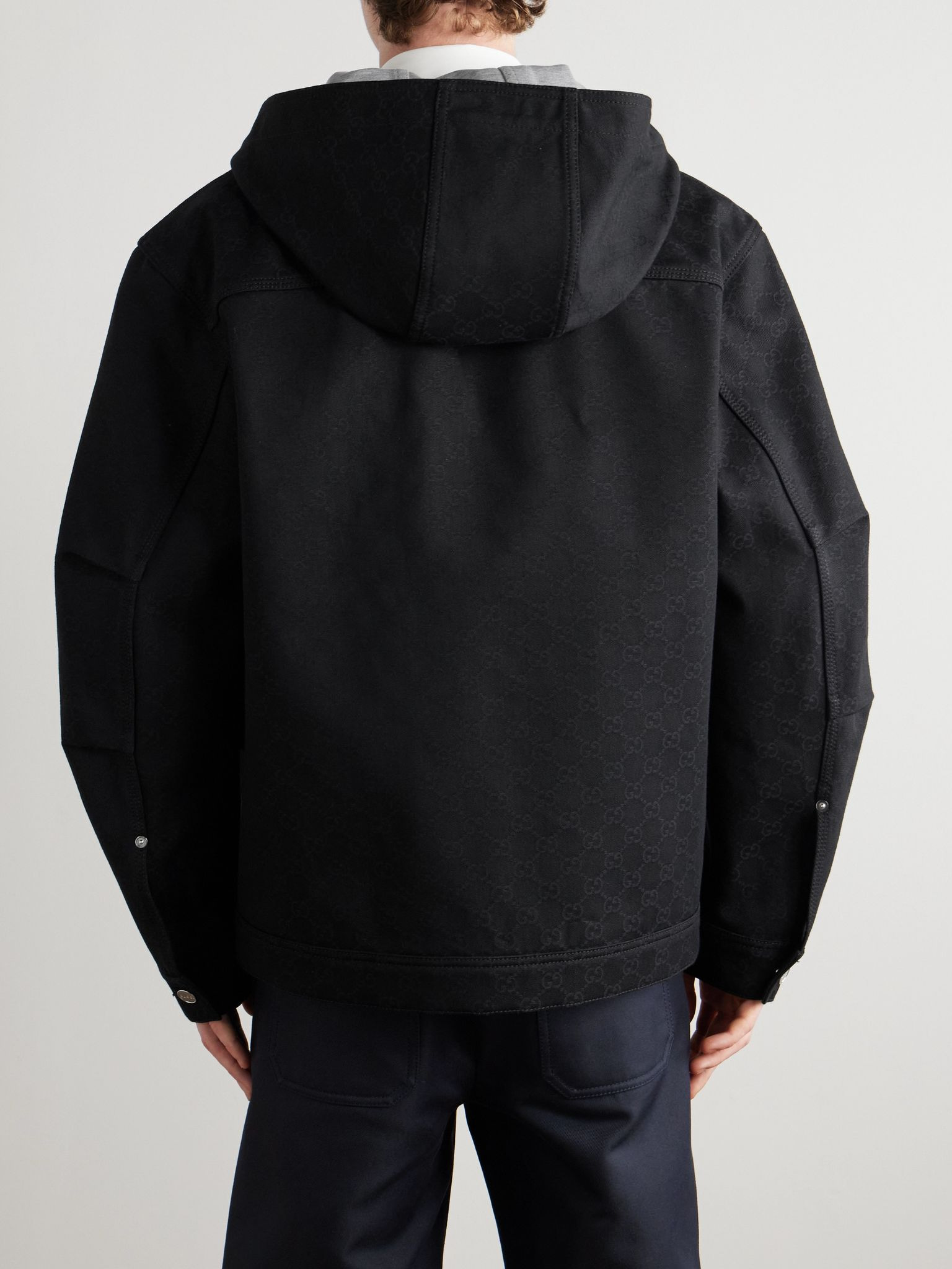Monogrammed Denim-Jacquard Hooded Jacket Black - 4