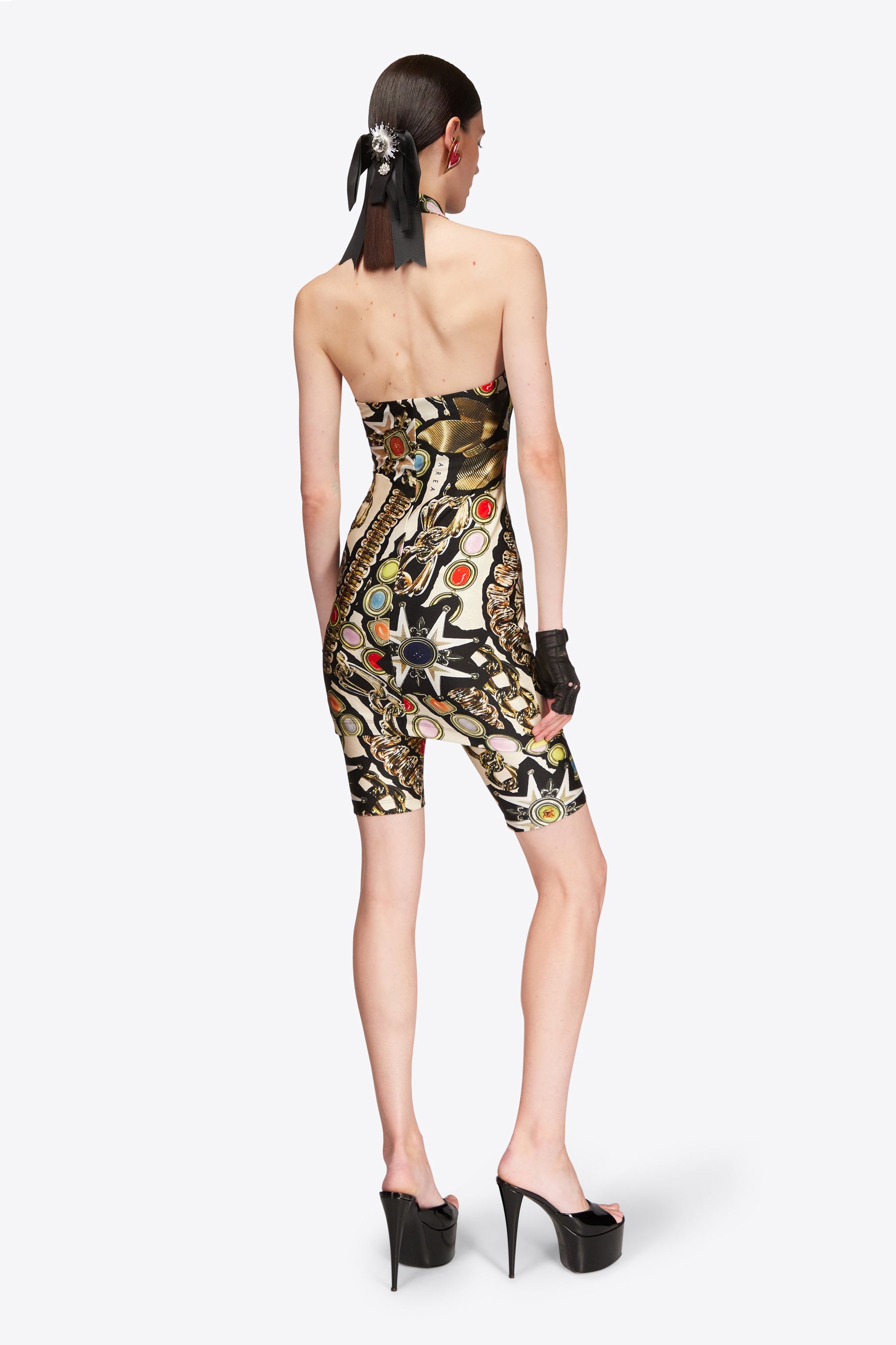 GEMSTONE CHAIN PRINTED HALTER MINI DRESS - 5