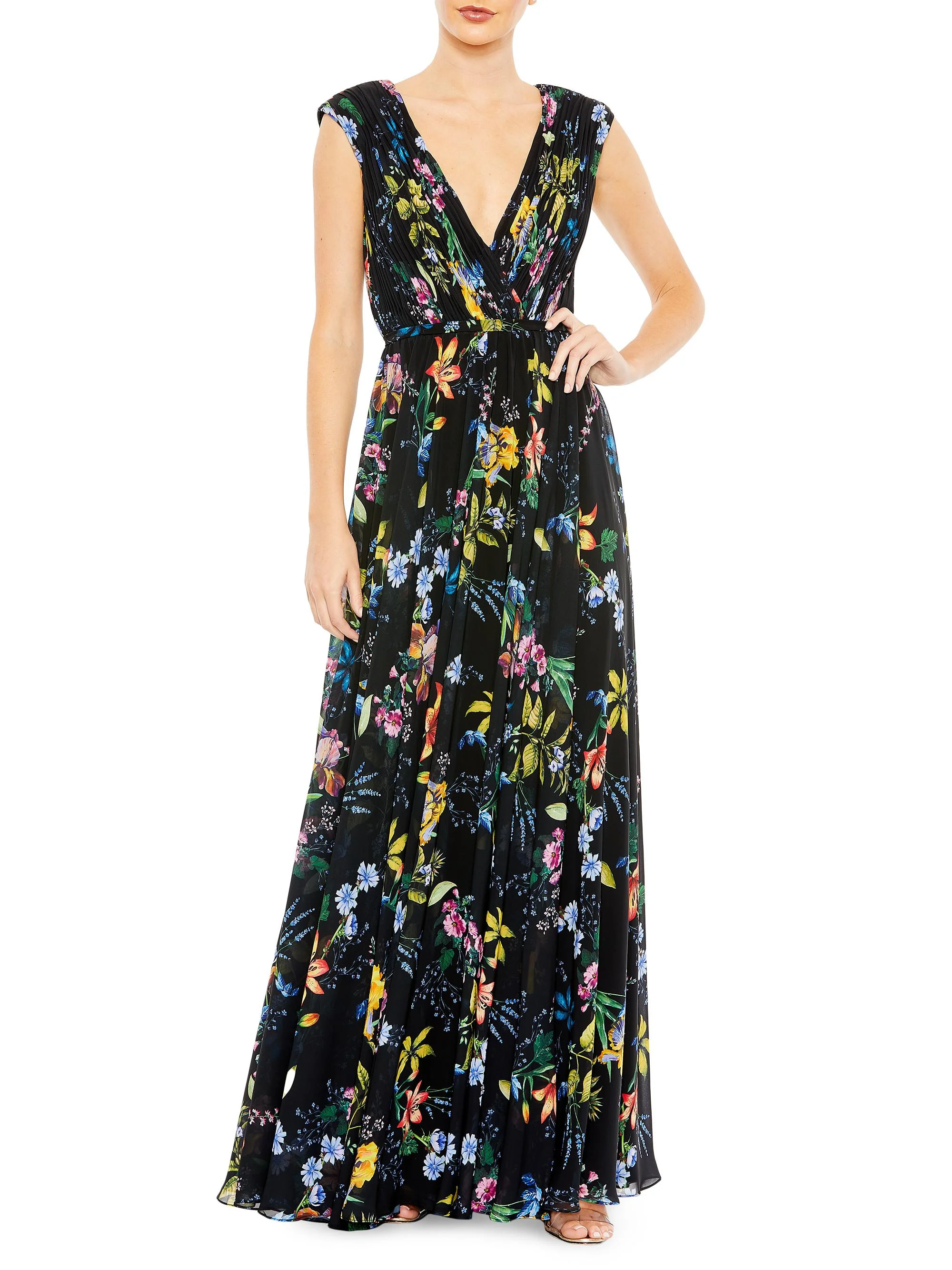 Women's Pleated Floral A-Line Gown - Black Multi - 1