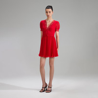 self-portrait Red Chiffon V Neck Mini Dress - RS23-908S-R