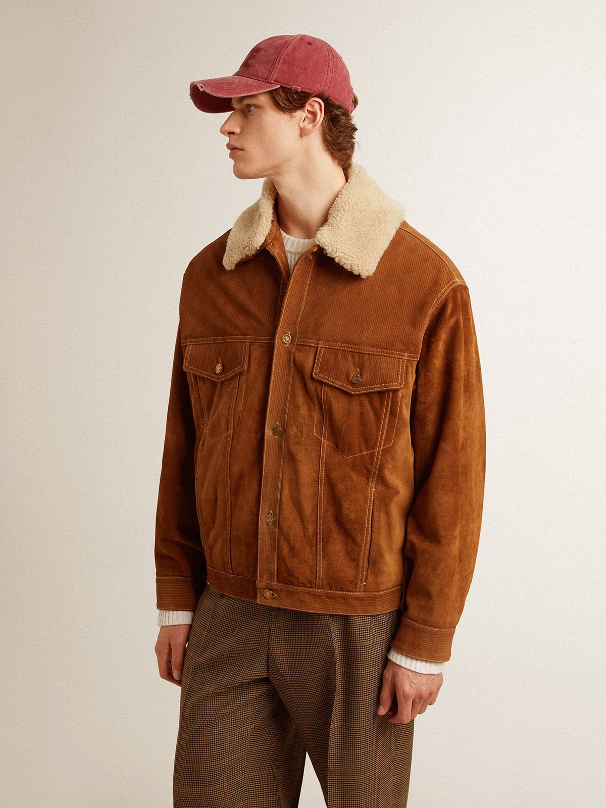 Men's jacket in tobacco-colored split leather with a shearling collar - 2