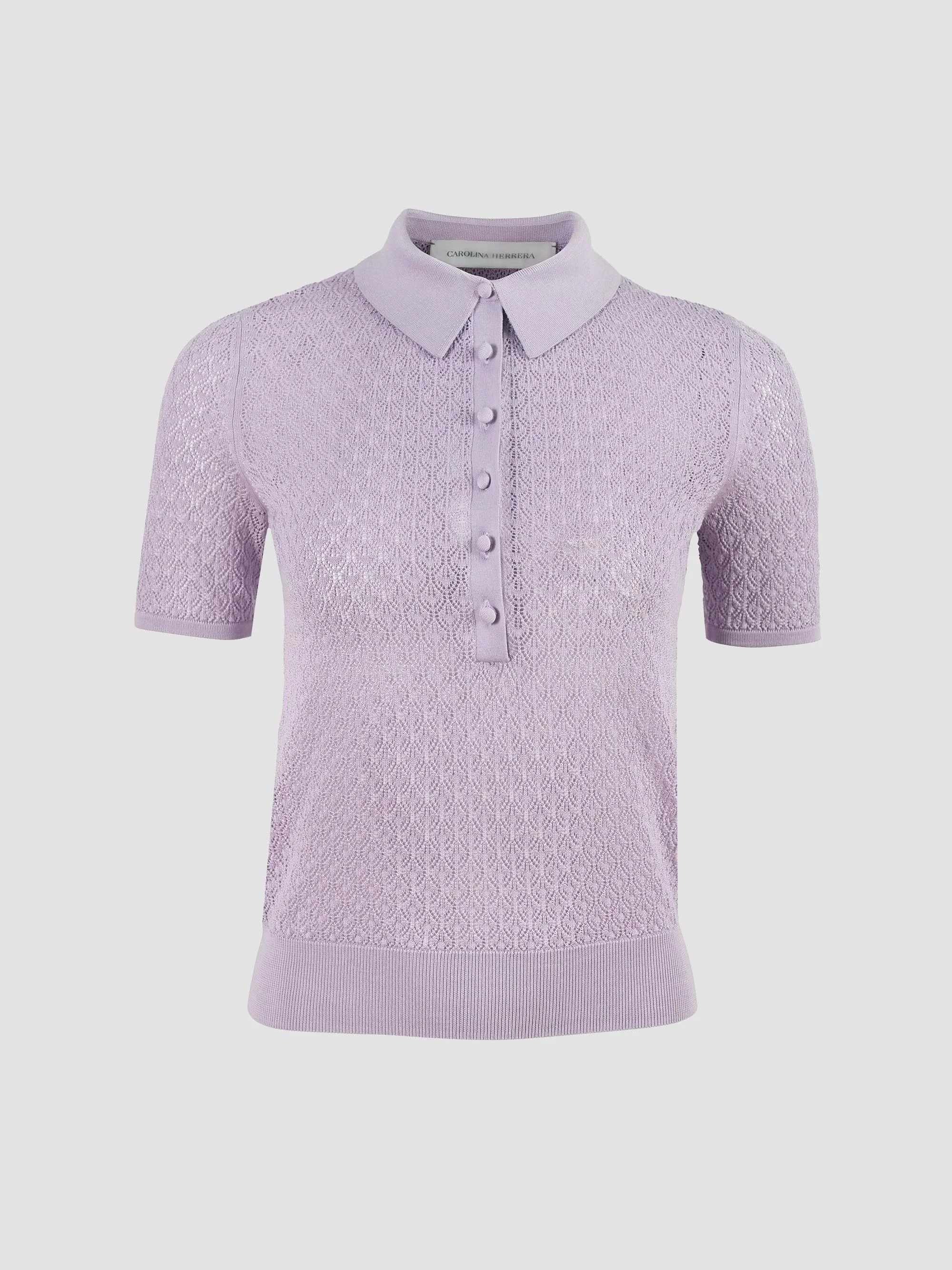 Women's Open-Knit Short-Sleeve Polo Sweater - Wisteria - 1