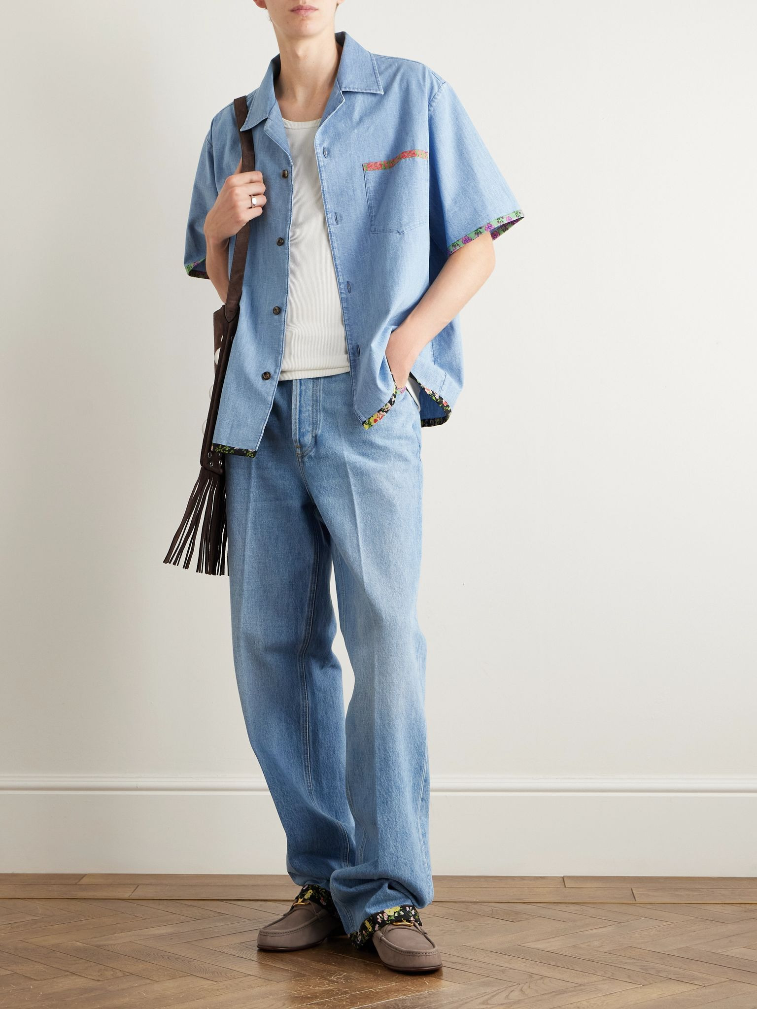 Camp-Collar Floral-Trimmed Denim Shirt Blue - 2