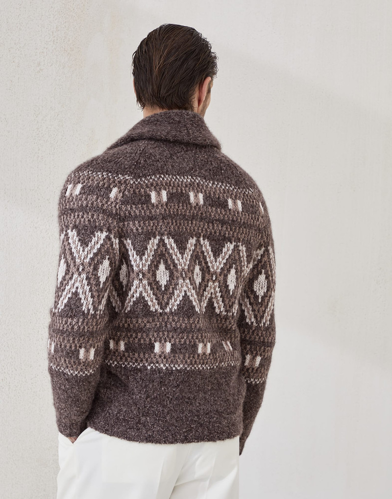 Brunello Cucinelli Alpaca, virgin wool and cashmere geometric jacquard cardigan with metal buttons outlook