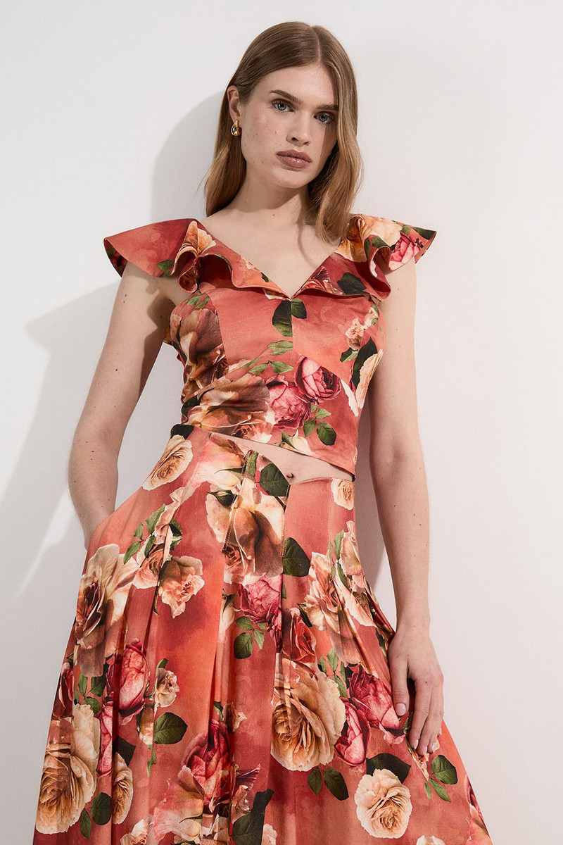 Linen Viscose Floral Printed Woven Ruffle Detail Top 1