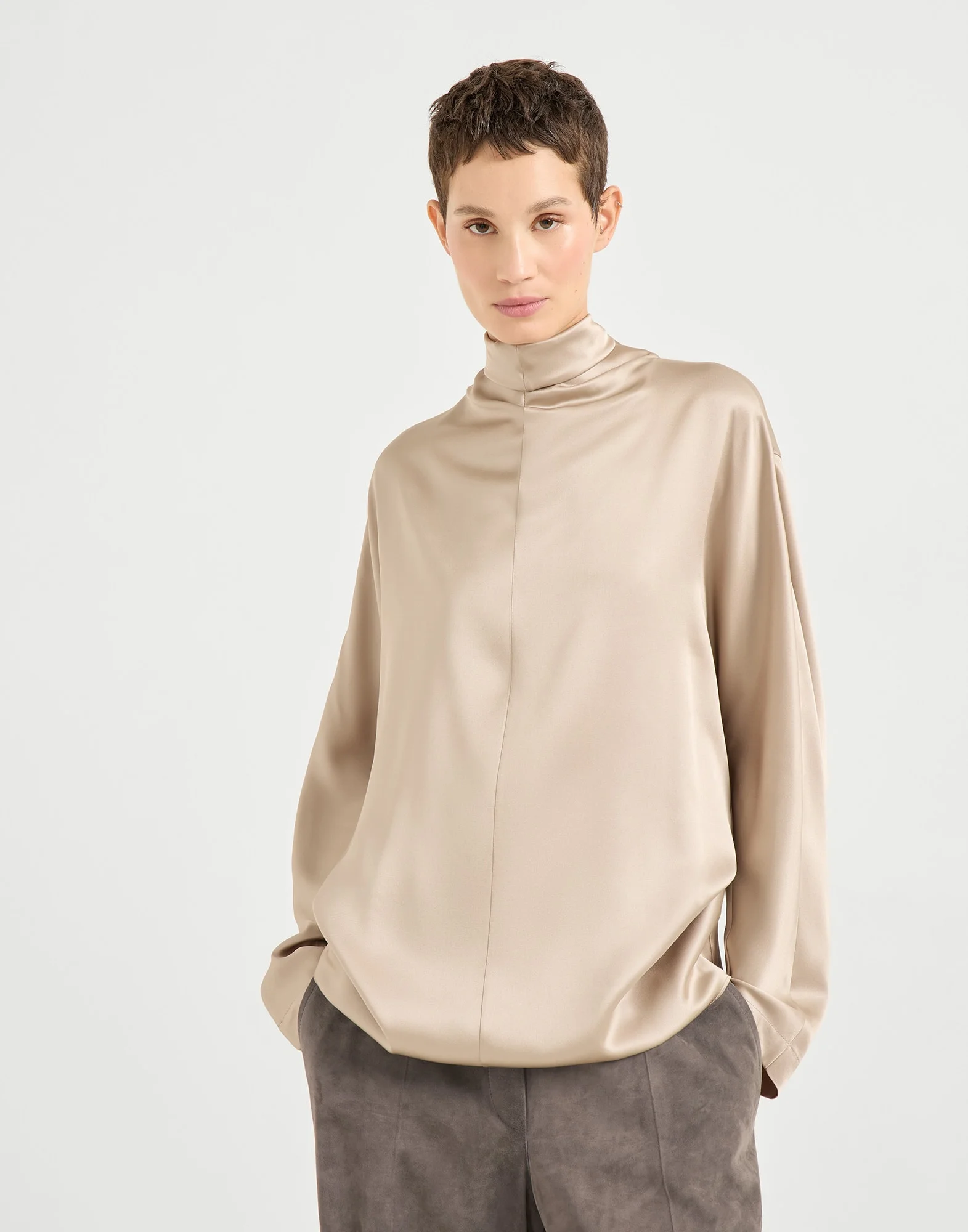 Double silk satin high neck blouse - 1