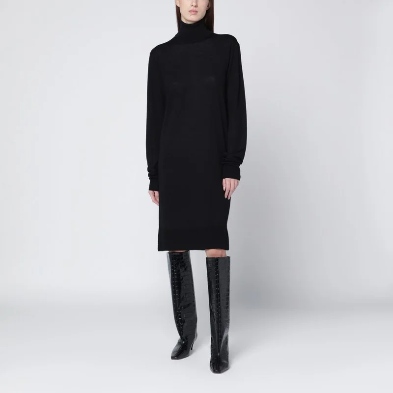 Black turtleneck dress in wool and silk - 1