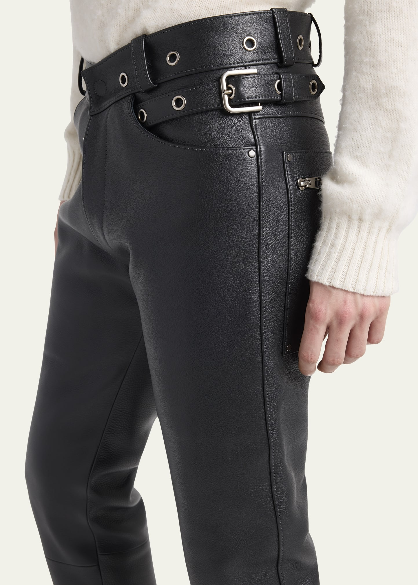 Men's Slim Fit Grained Leather Biker Pants - 5