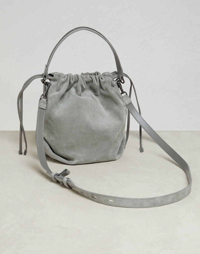 Suede bucket bag with precious handle 2