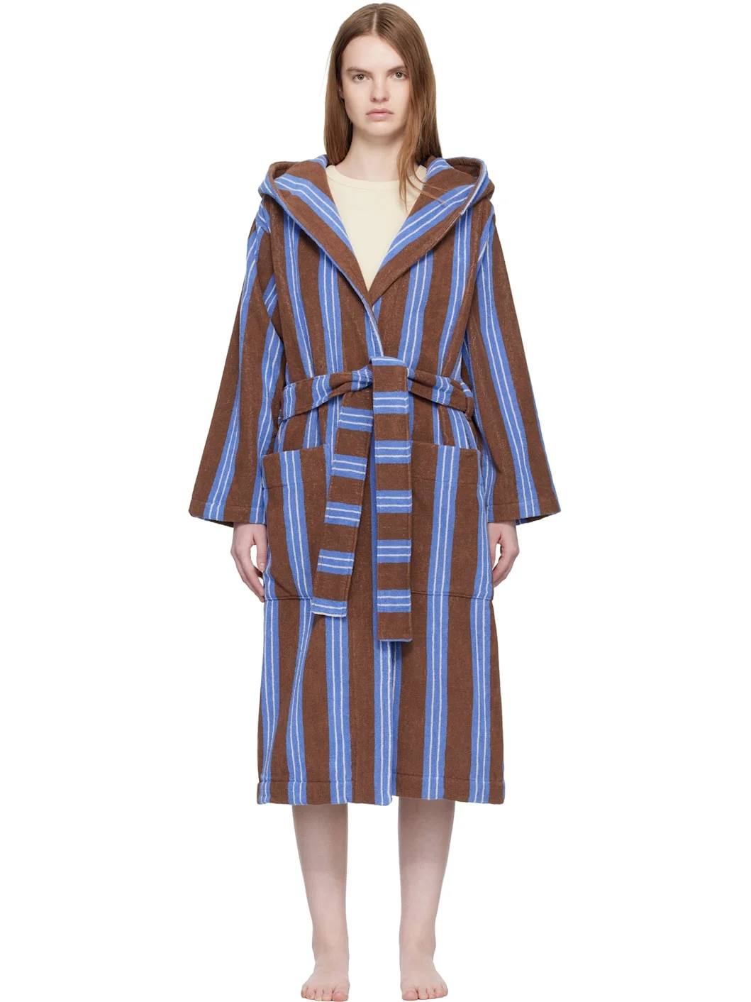 Brown & Blue Terry Hooded Bathrobe - 1