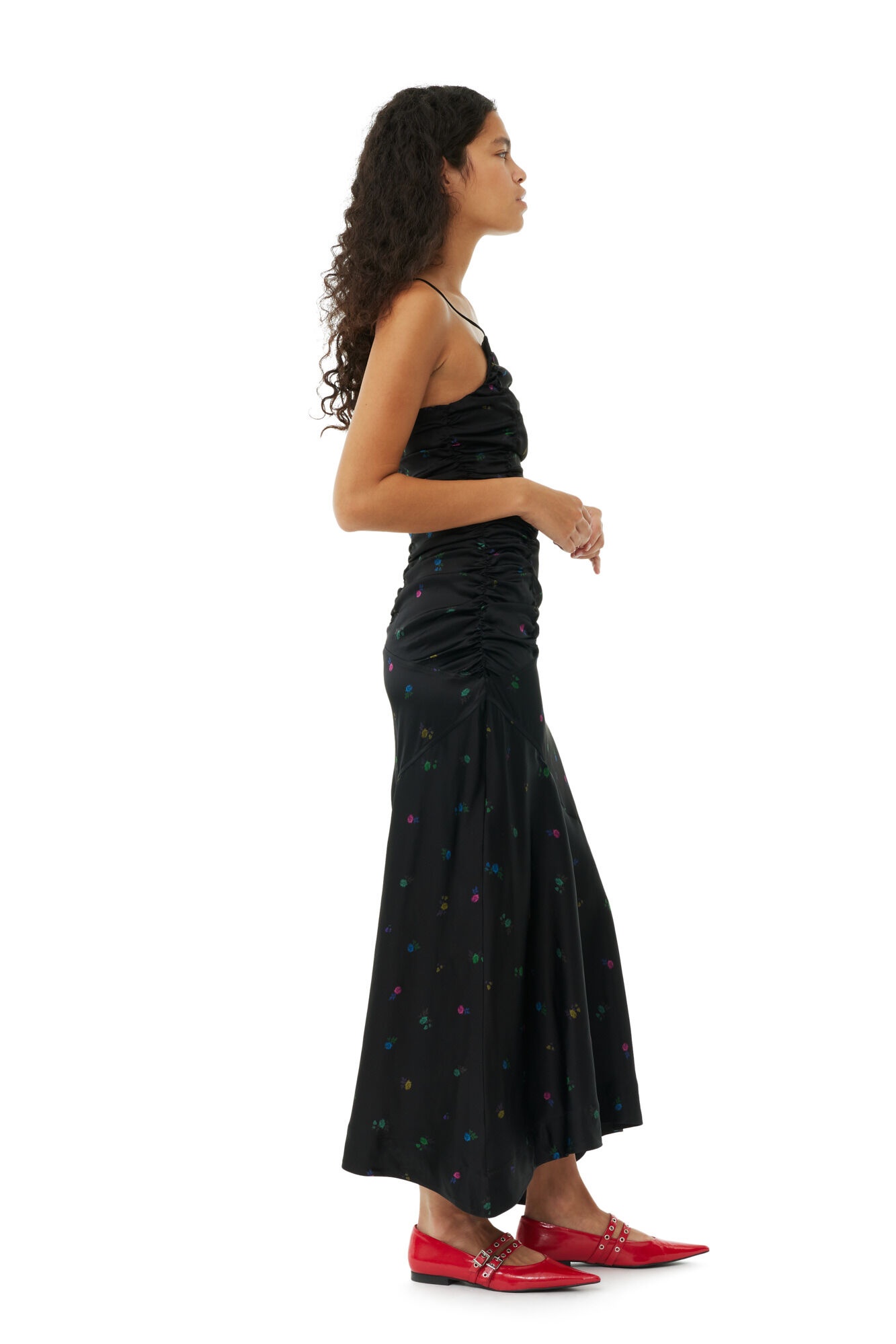 FLORAL SATIN RUCHED LONG SLIP DRESS - 4