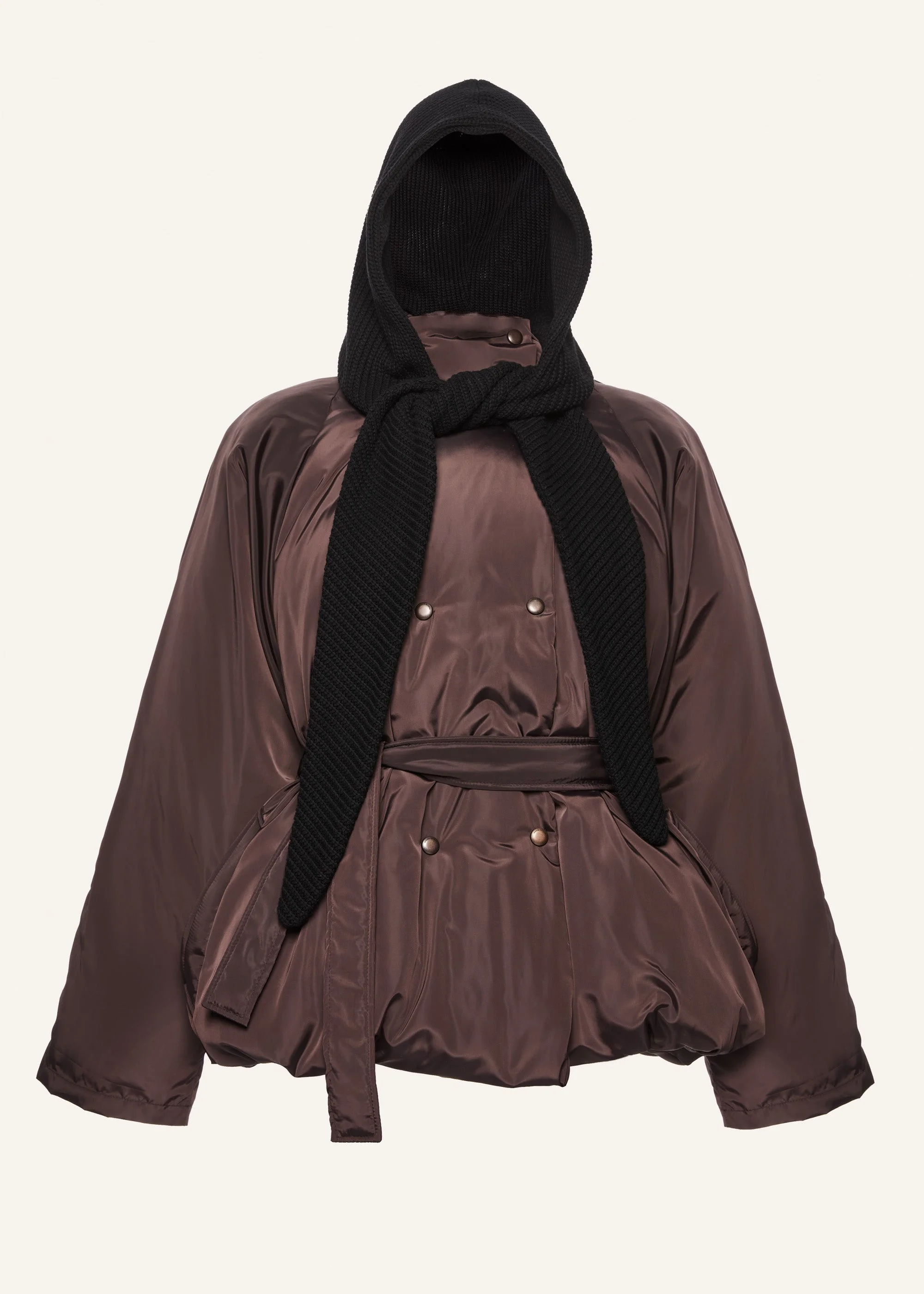 Knit hood puffer jacket in brown - 1