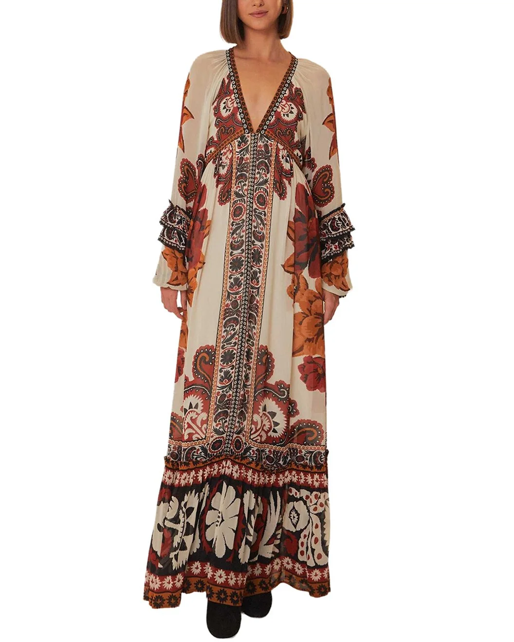 FARM Rio Winter Tapestry Sand V Neckline Long Sleeve Maxi Dress - 1