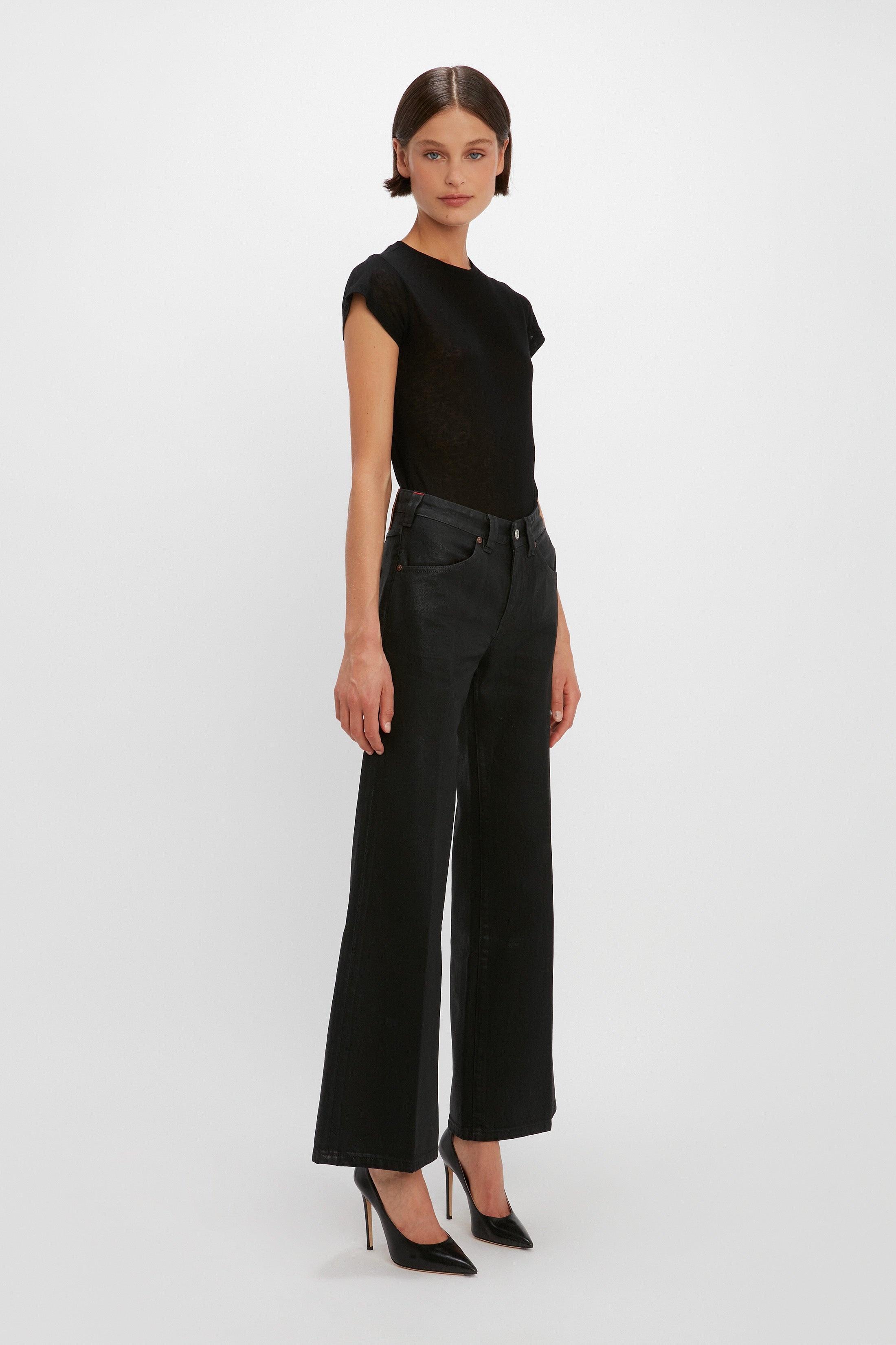 Edie Mid-Rise Kick Flare Jean in Black Gloss - 4