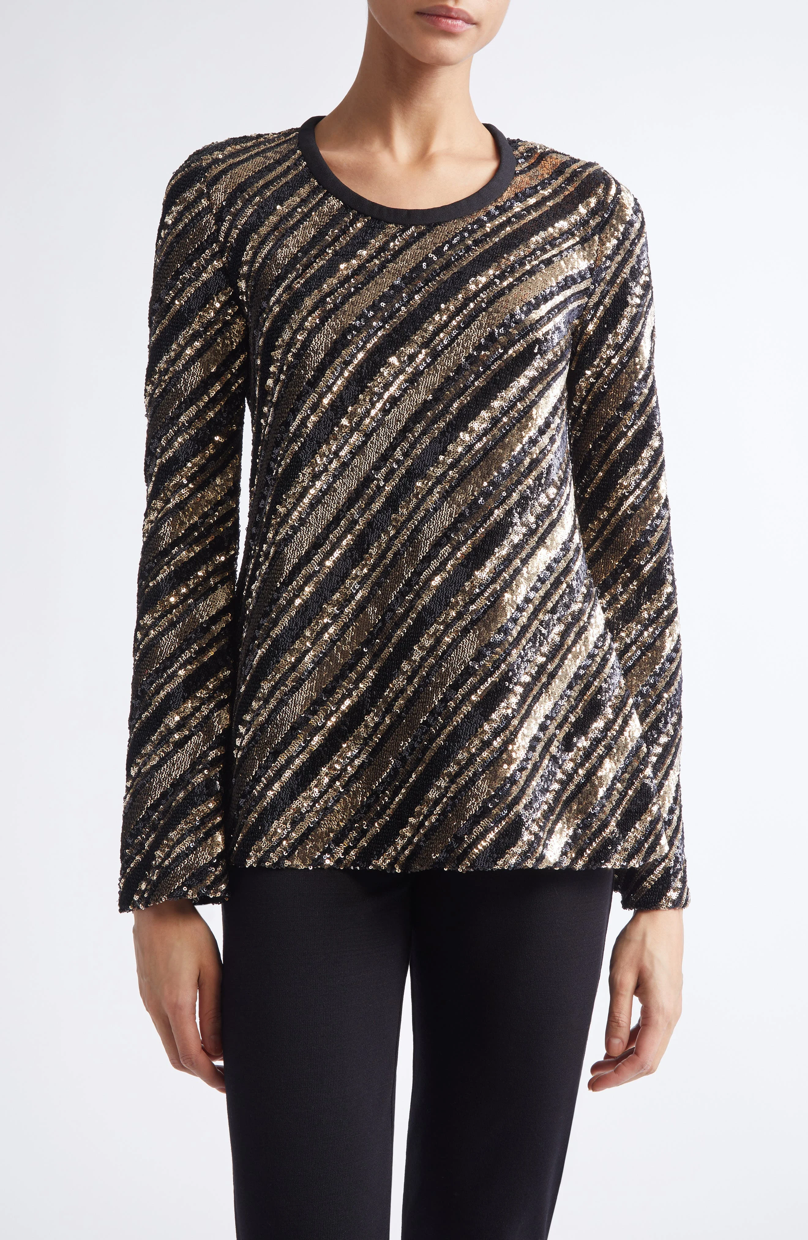 Giambattista Valli Stripe Sequin Long Sleeve Top in Black/Gold at Nordstrom - 1