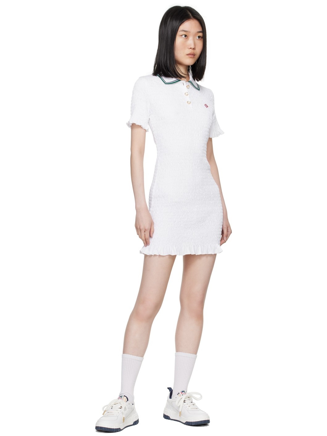 White Shirred Minidress - 4