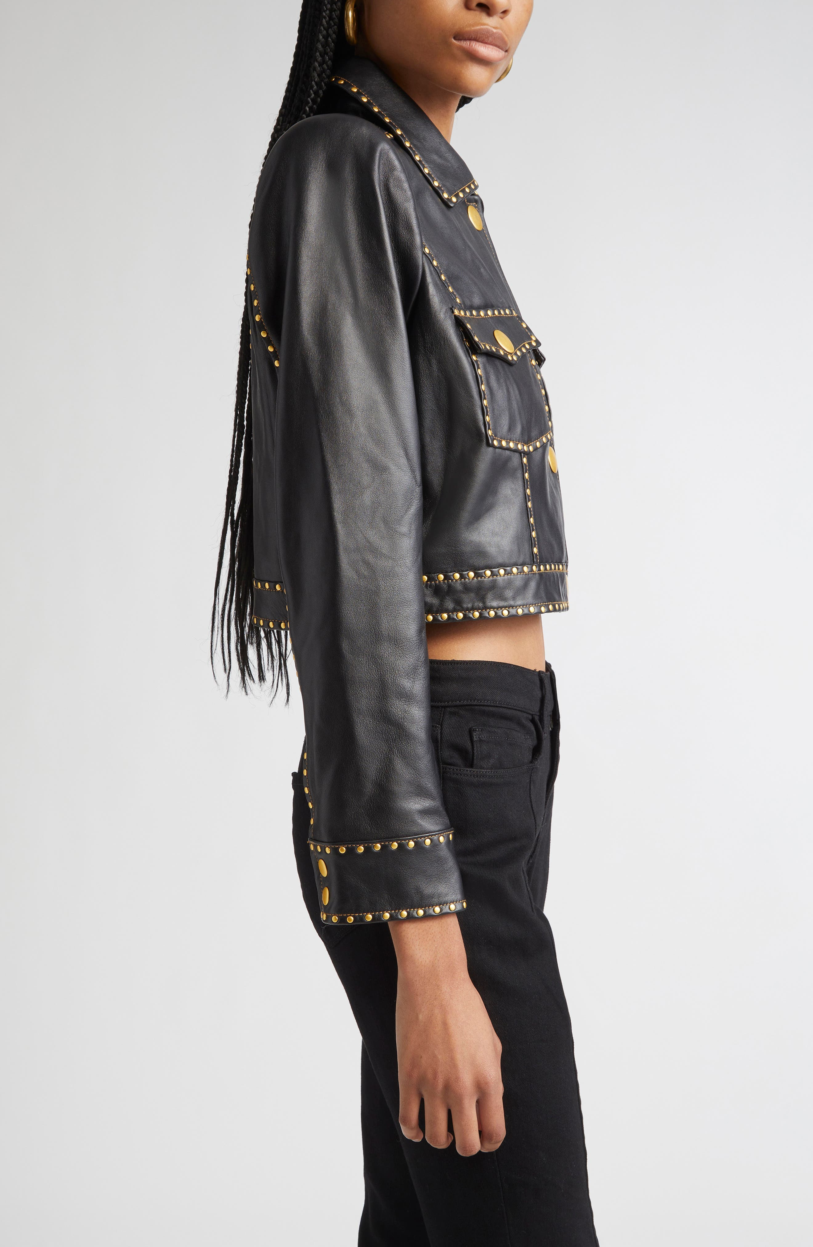L'AGENCE Winsome Studded Crop Leather Jacket in Black at Nordstrom - 4