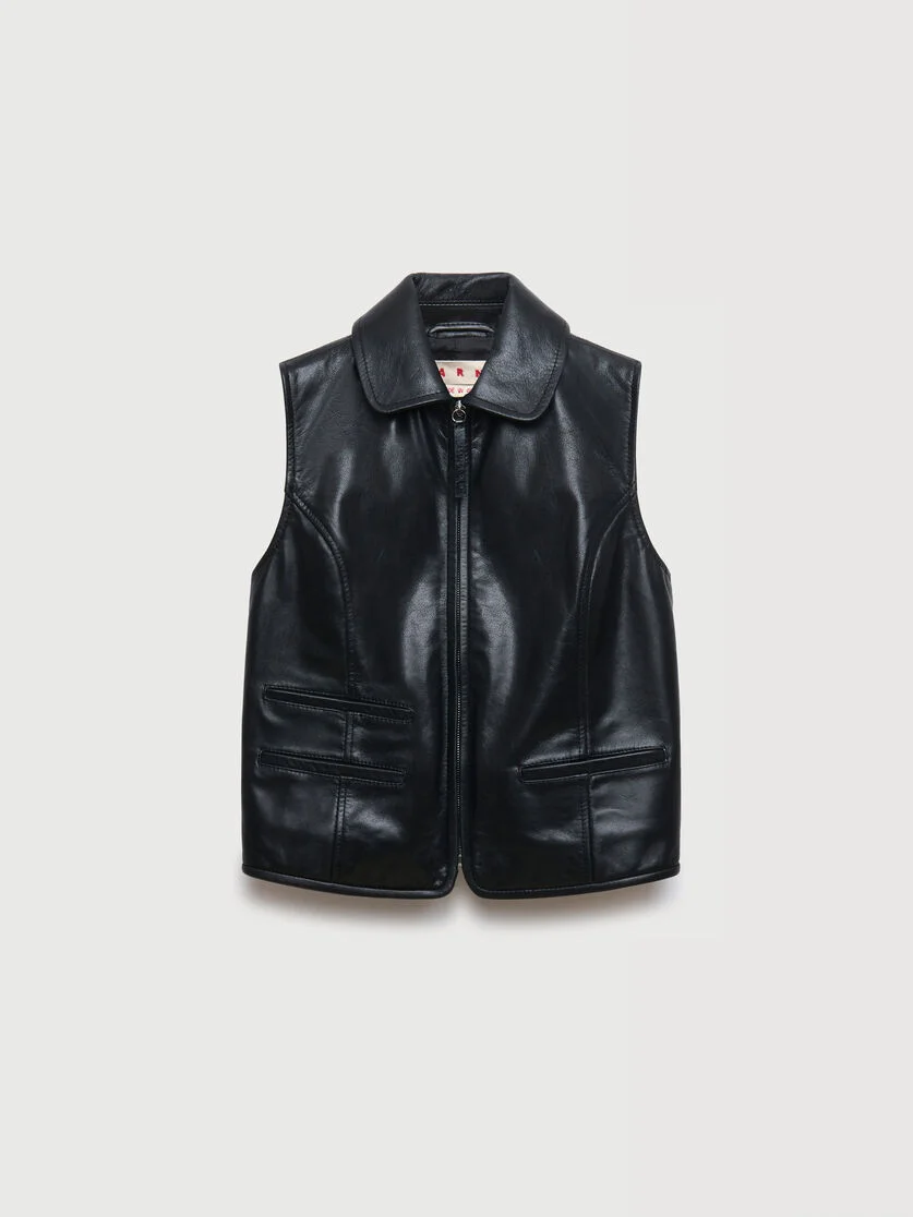 BLACK LEATHER ZIP-THROUGH VEST - 1