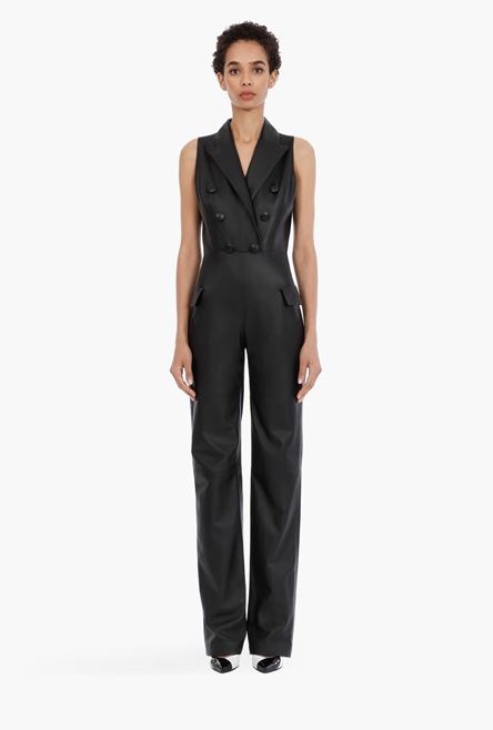 Black double-breasted leather jumpsuit - 4