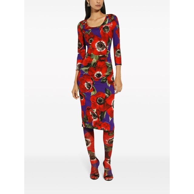 Poppy-print round-neck midi dress - 3