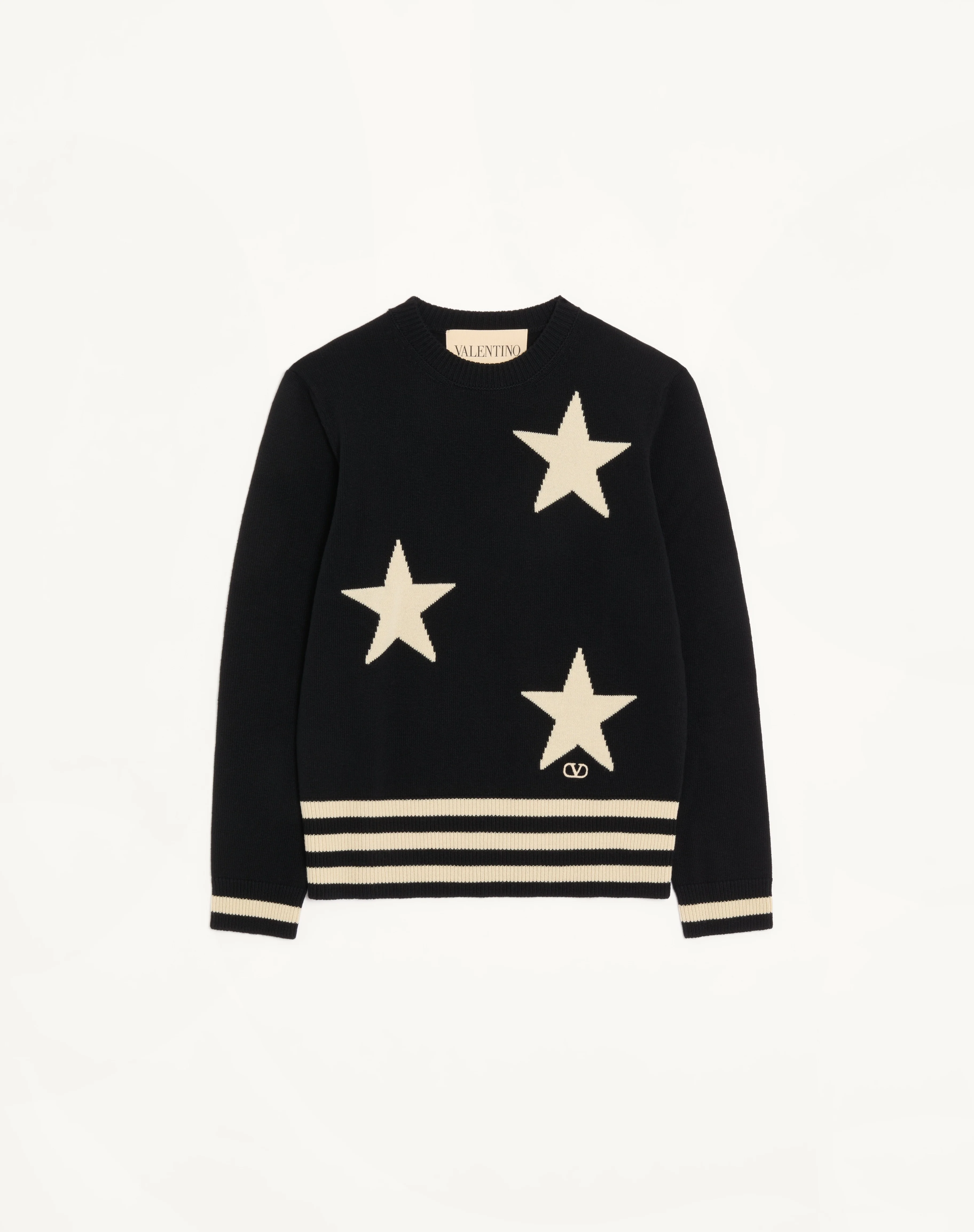 VALENTINO WOOL CREWNECK SWEATER WITH STAR MOTIF AND VLOGO EMBROIDERY - 1