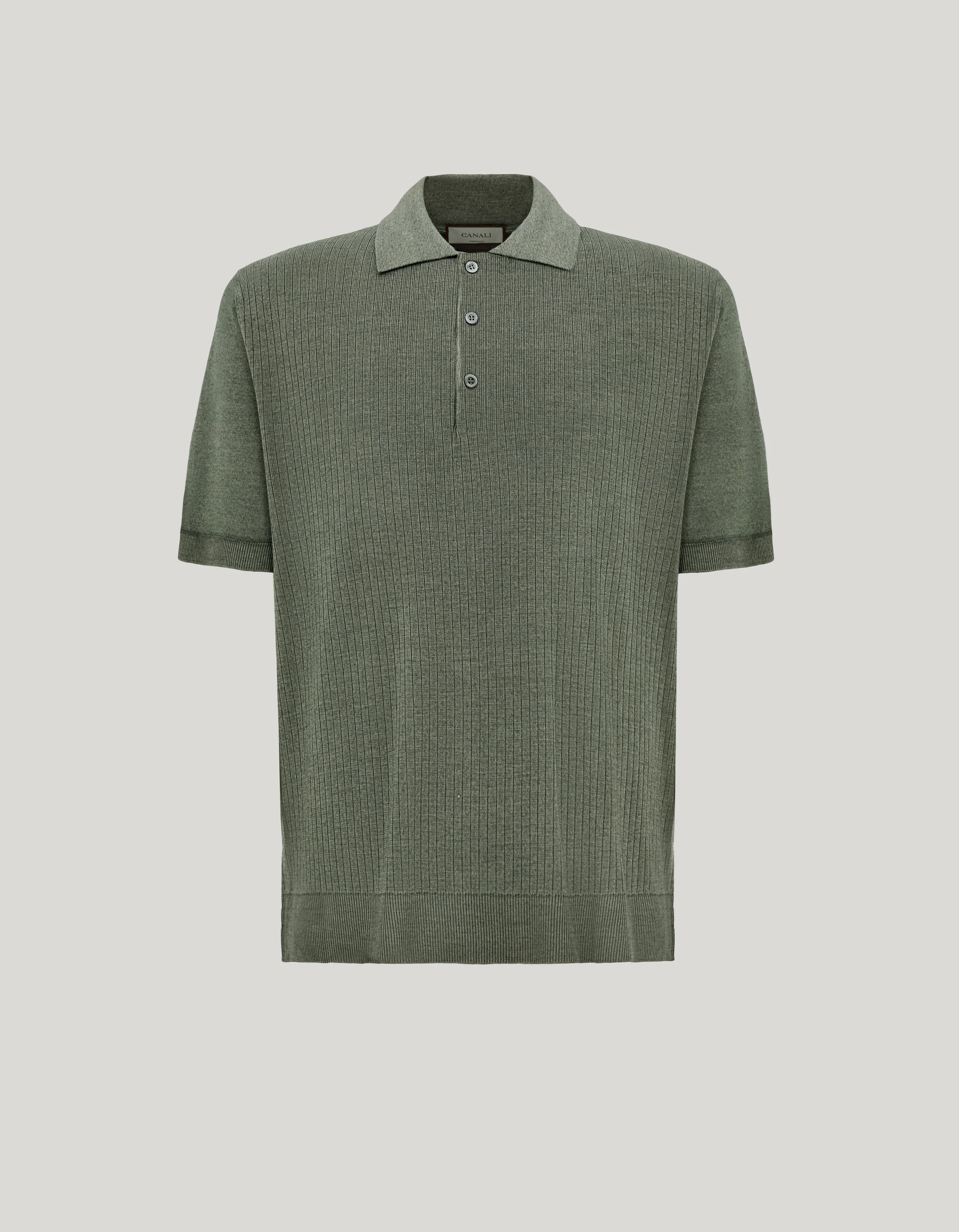 OLIVE GREEN WOOL AND SILK FLAT-RIB POLO SHIRT - 1